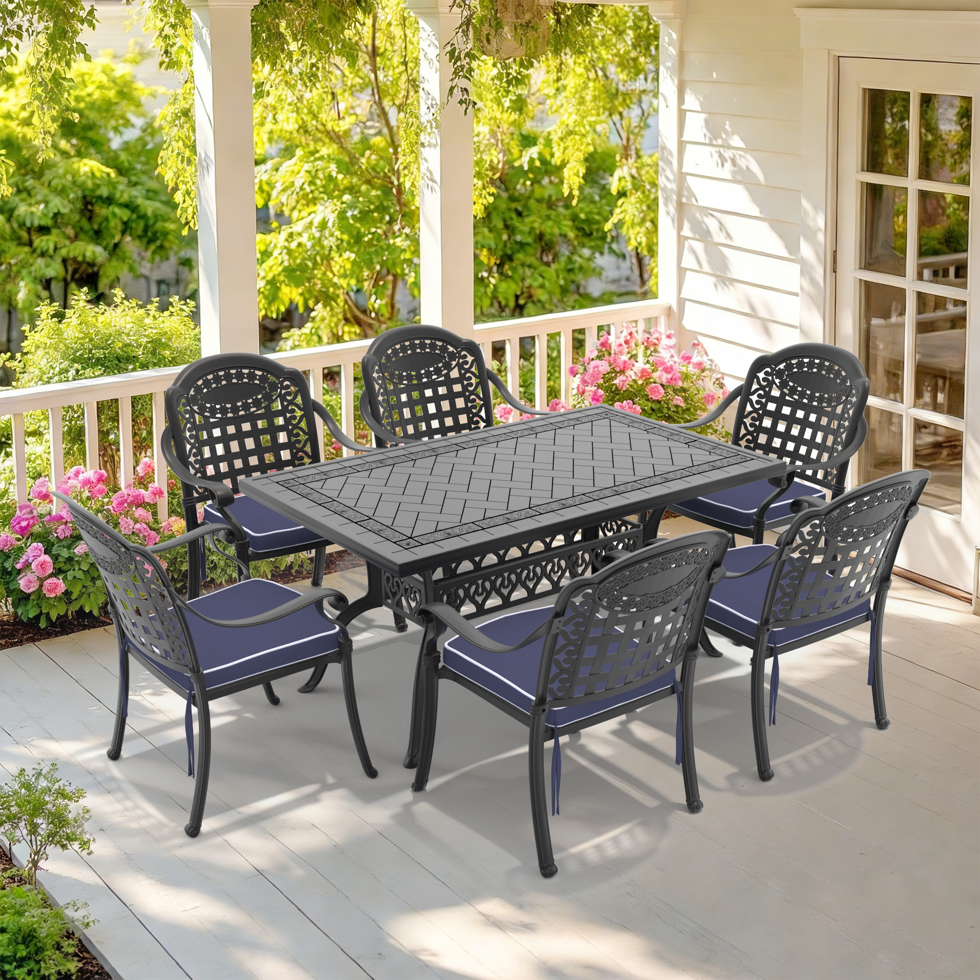 7-Piece Set Of Cast Aluminum Patio Furniture With Black Frame and Blue Seat Cushions - Image 1