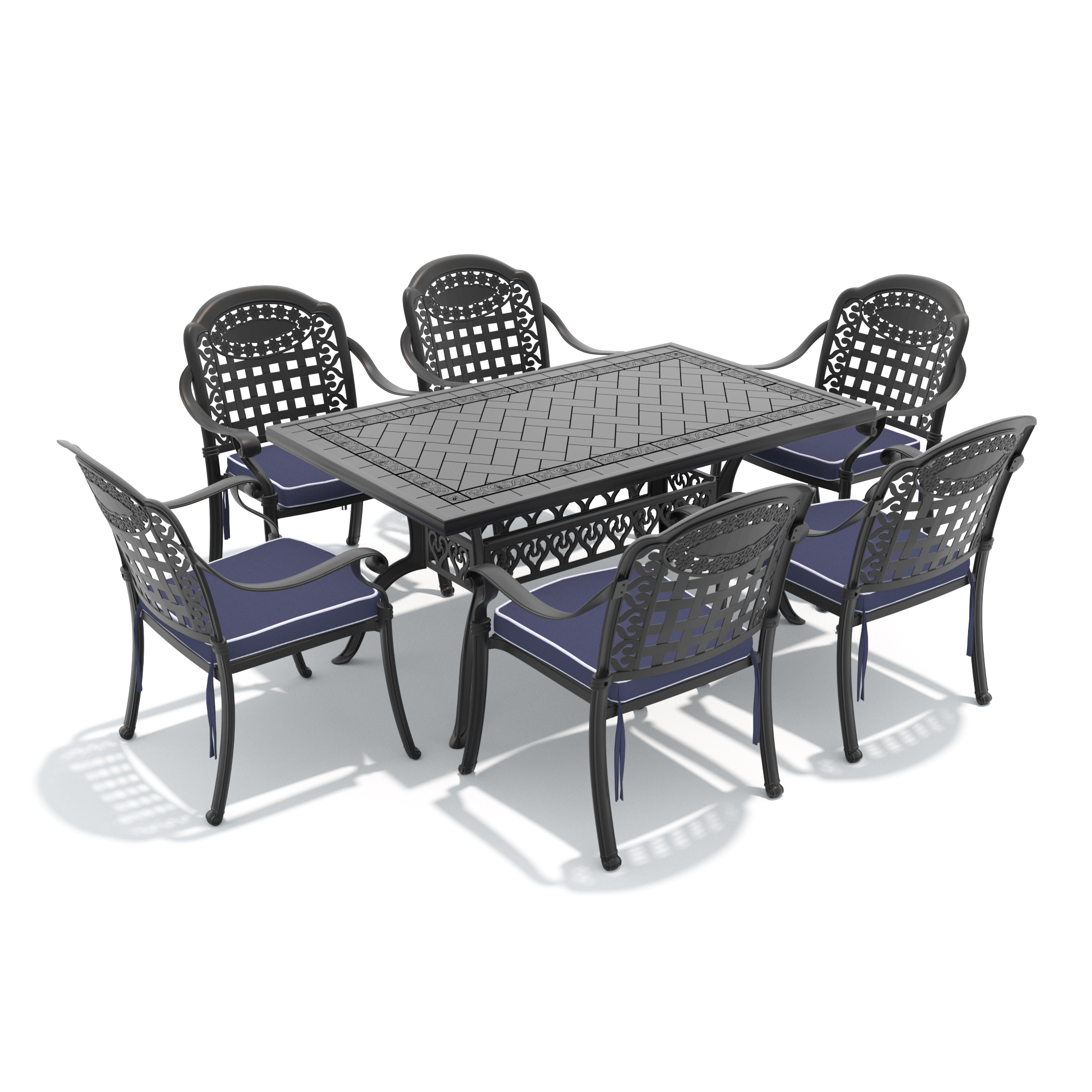 7-Piece Set Of Cast Aluminum Patio Furniture With Black Frame and Blue Seat Cushions - Image 2