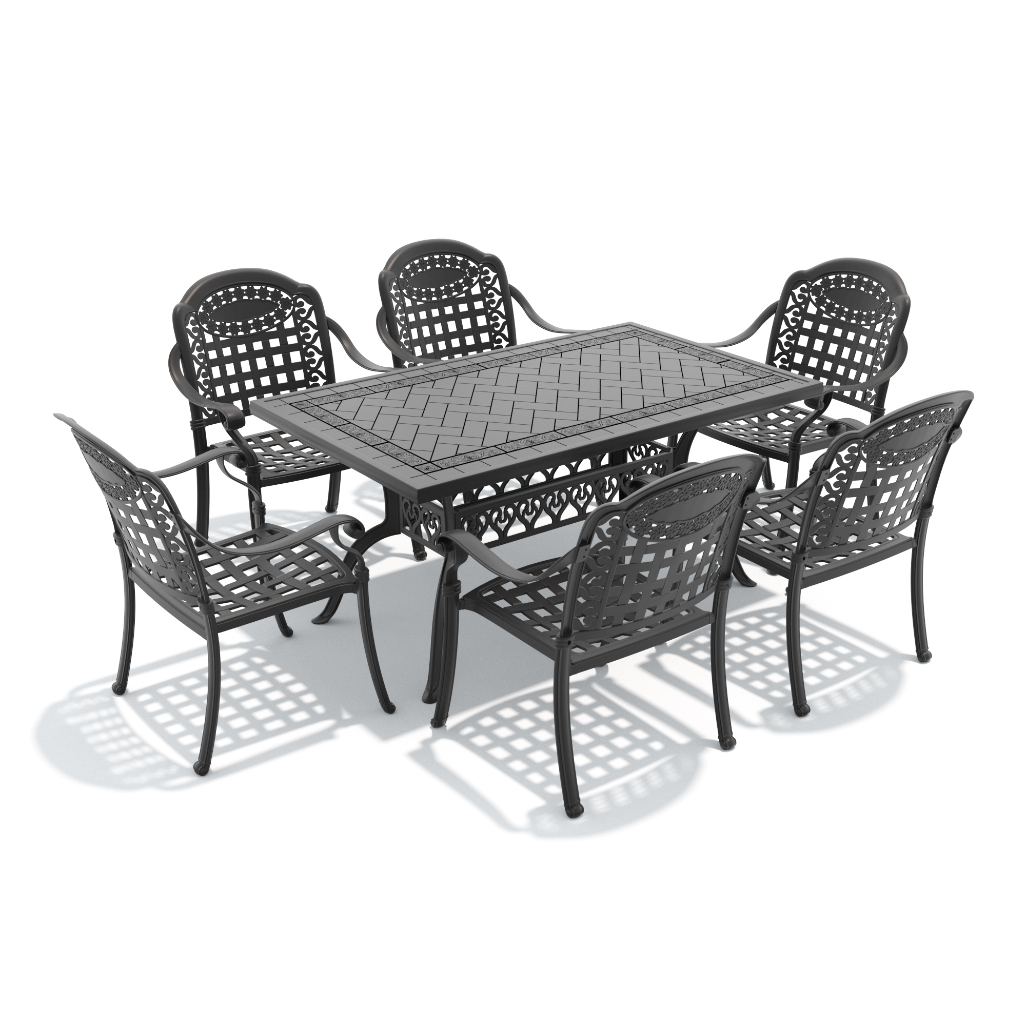 7-Piece Set Of Cast Aluminum Patio Furniture With Black Frame and Blue Seat Cushions - Image 3