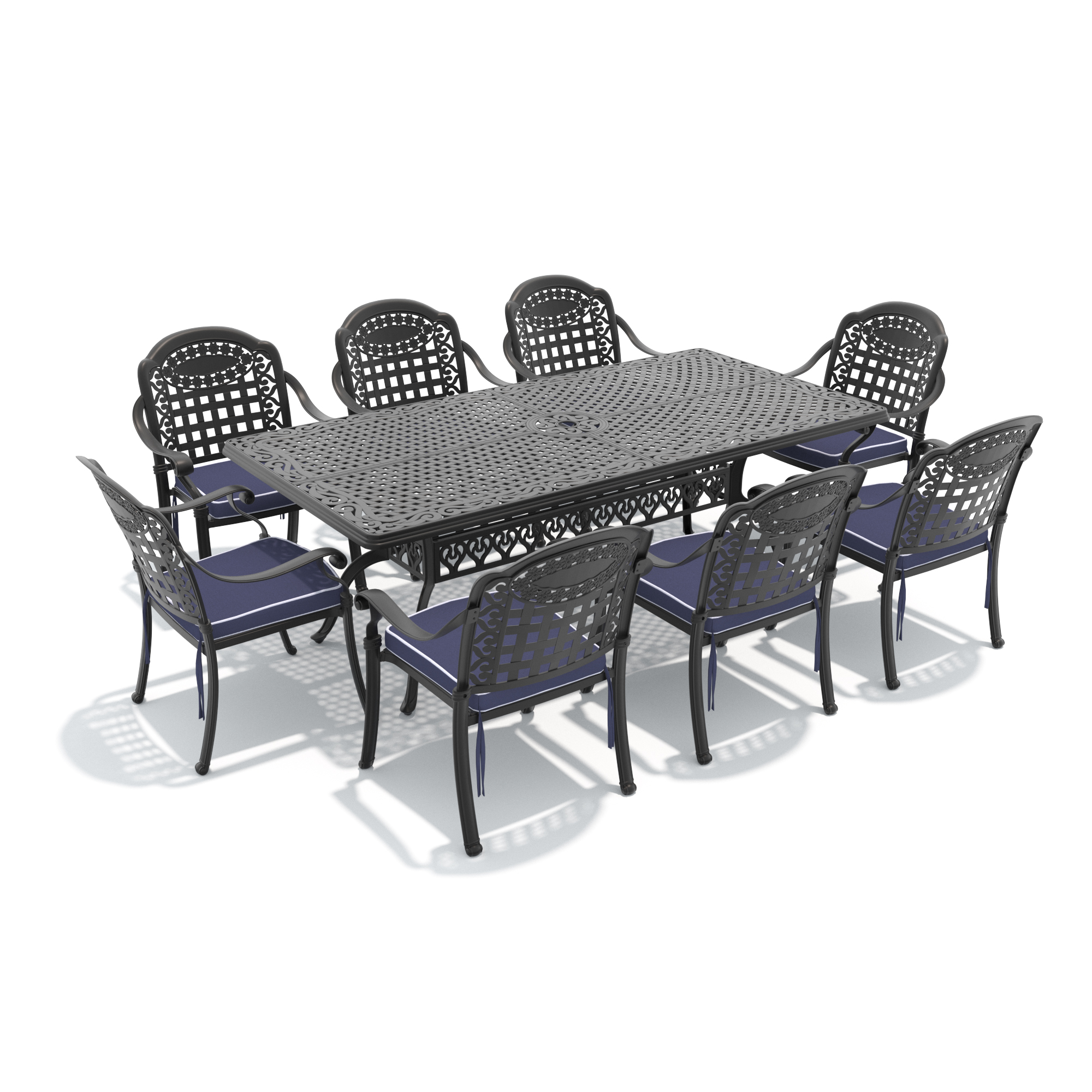 9-Piece Set Of Cast Aluminum Patio Furniture With Black Frame and Blue Seat Cushions - Image 2