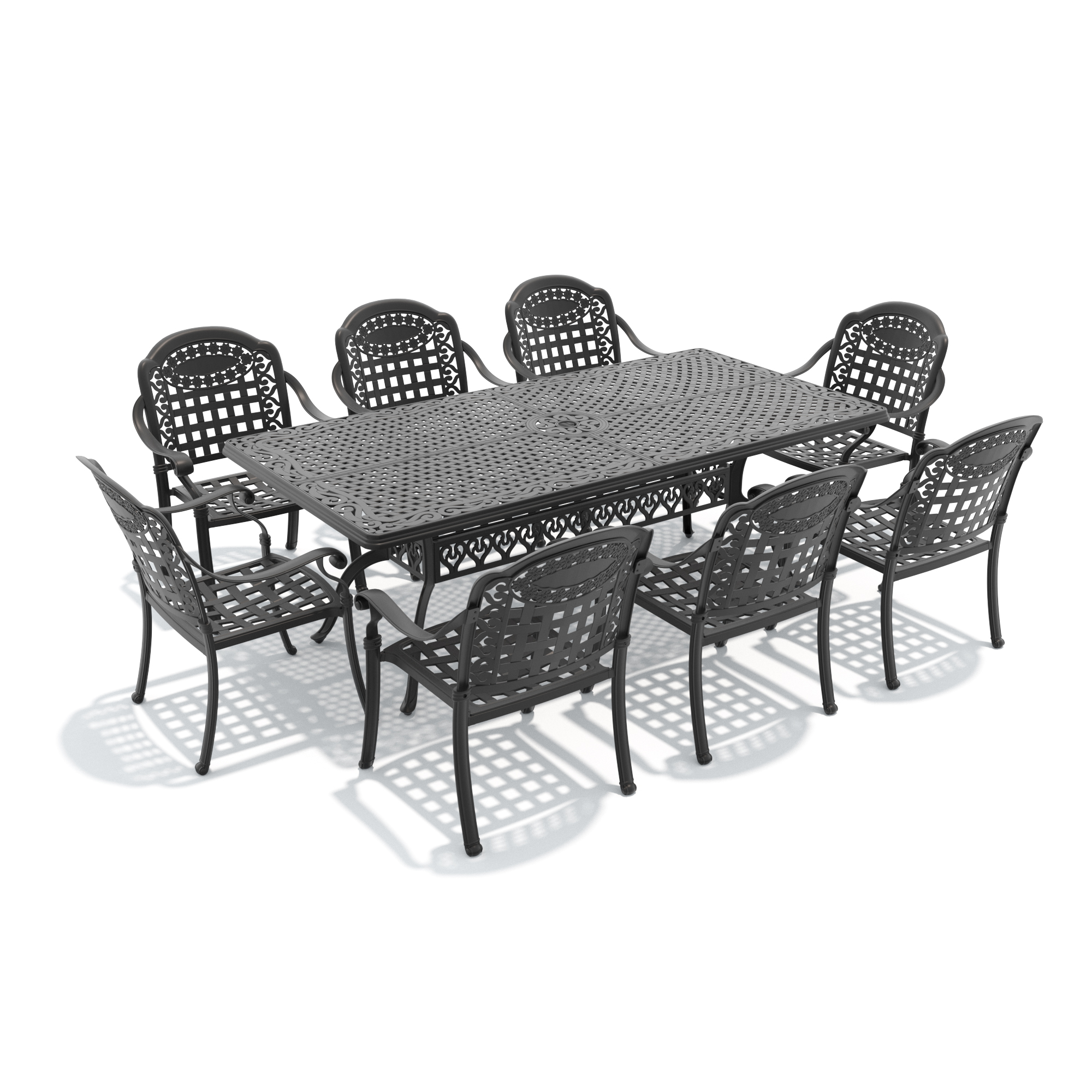 9-Piece Set Of Cast Aluminum Patio Furniture With Black Frame and Blue Seat Cushions - Image 3