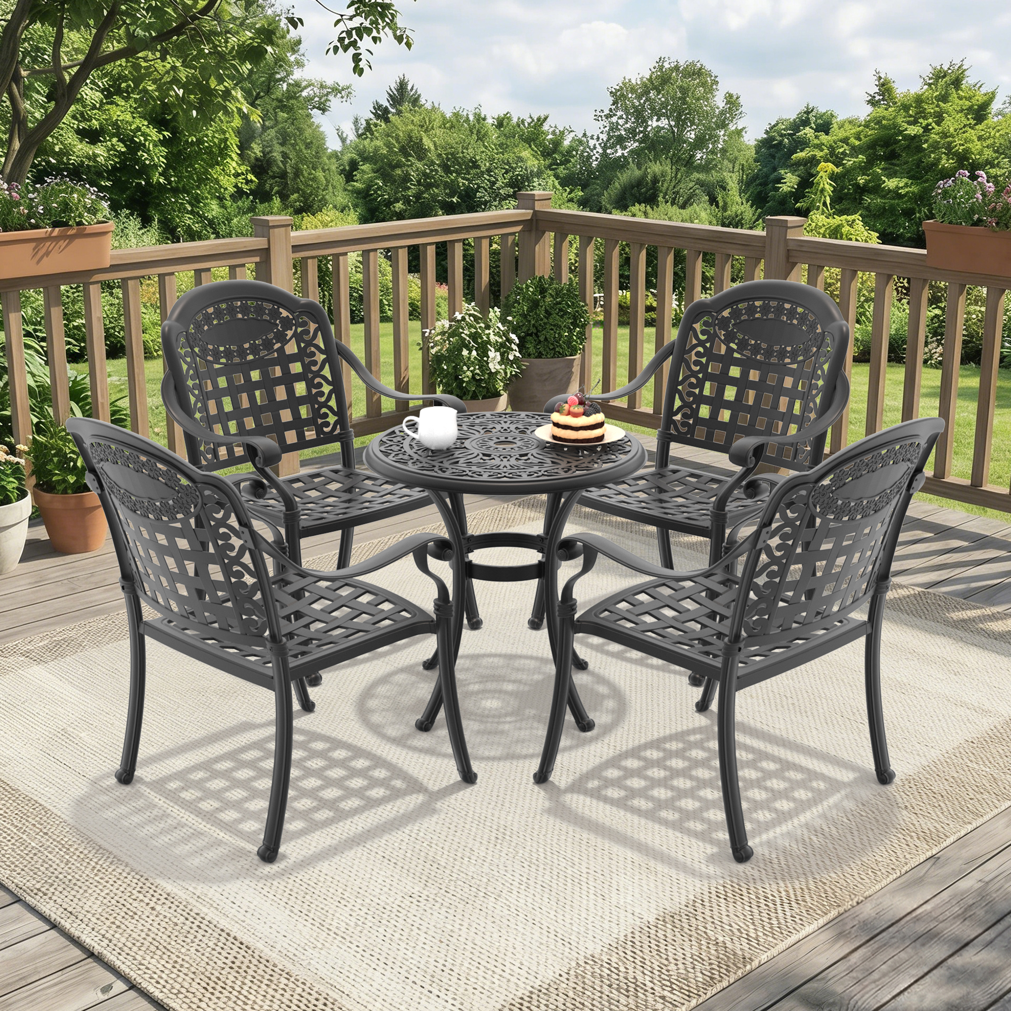5-Piece Set Of Cast Aluminum Patio Furniture With Black Frame and Blue Seat Cushions - Image 2