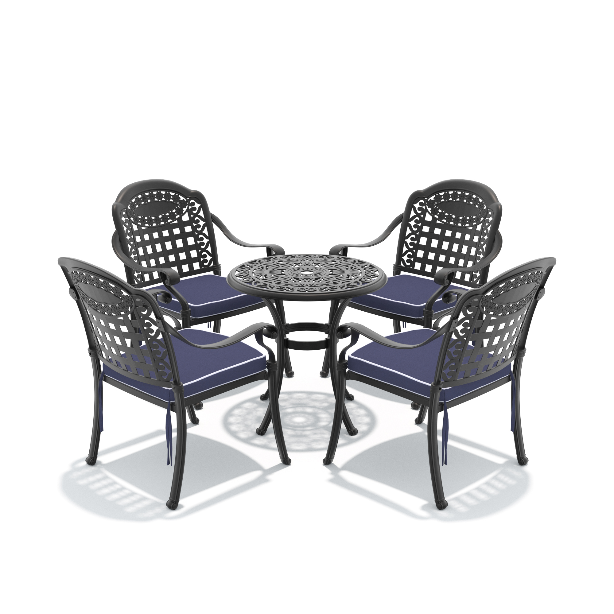 5-Piece Set Of Cast Aluminum Patio Furniture With Black Frame and Blue Seat Cushions - Image 3