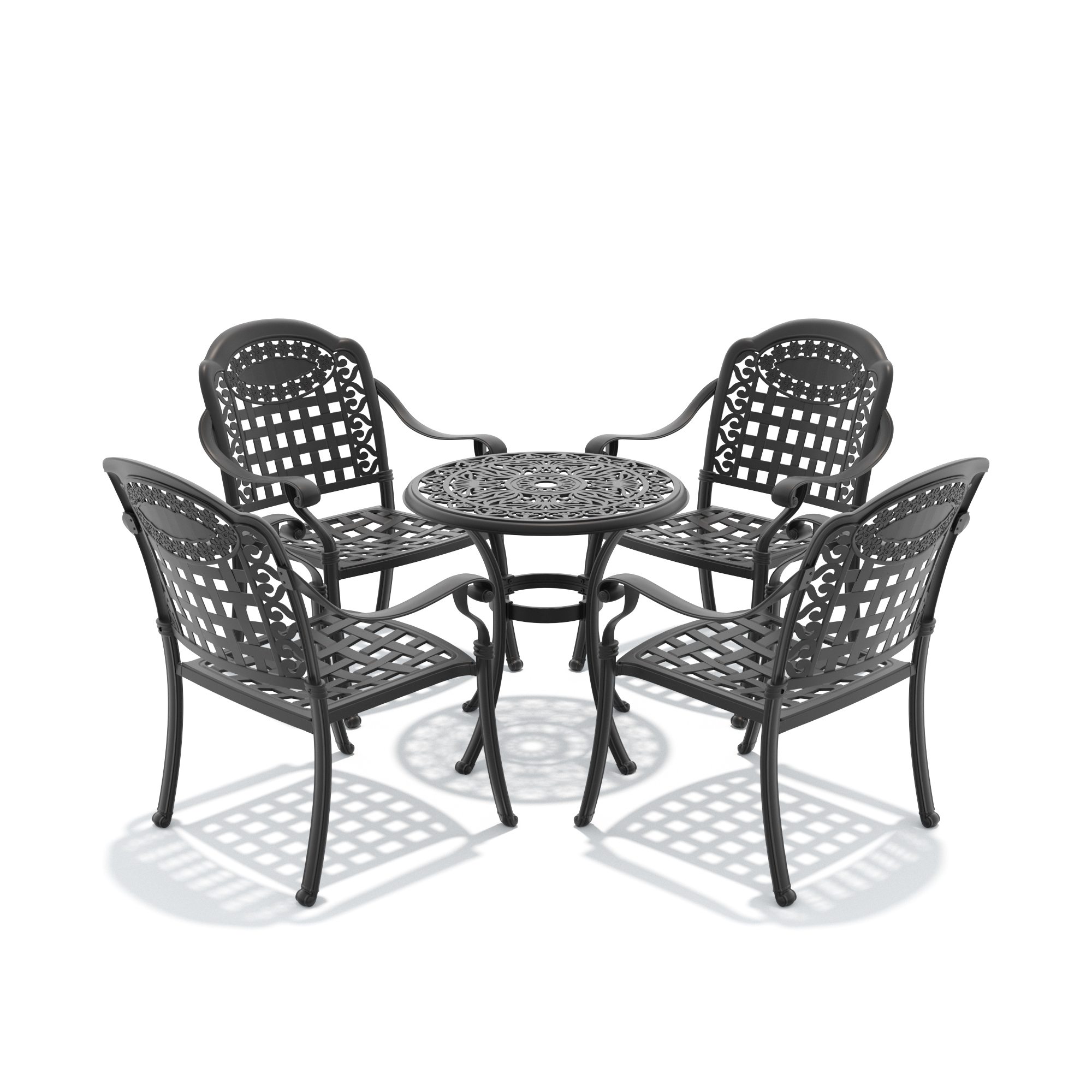 5-Piece Set Of Cast Aluminum Patio Furniture With Black Frame and Blue Seat Cushions - Image 4