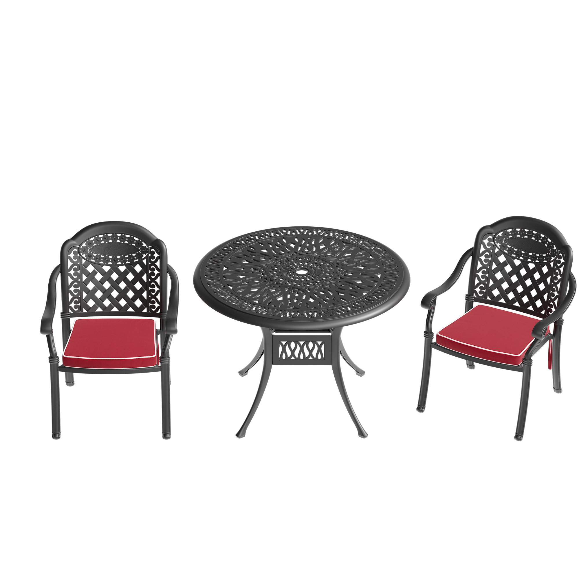 3-Piece Set Of Cast Aluminum Patio Furniture With Red Cushions - Image 2