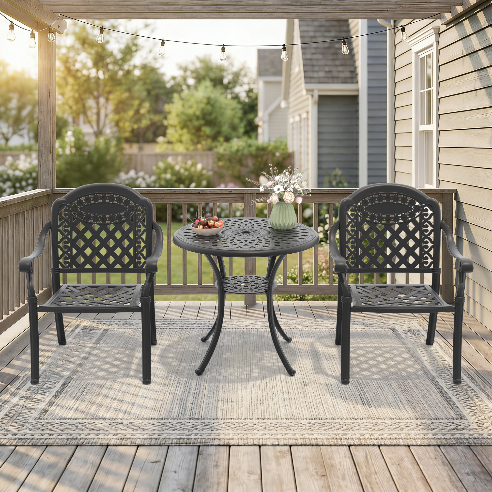 3-Piece Set Of Cast Aluminum Patio Furniture With Red Cushions - Image 2