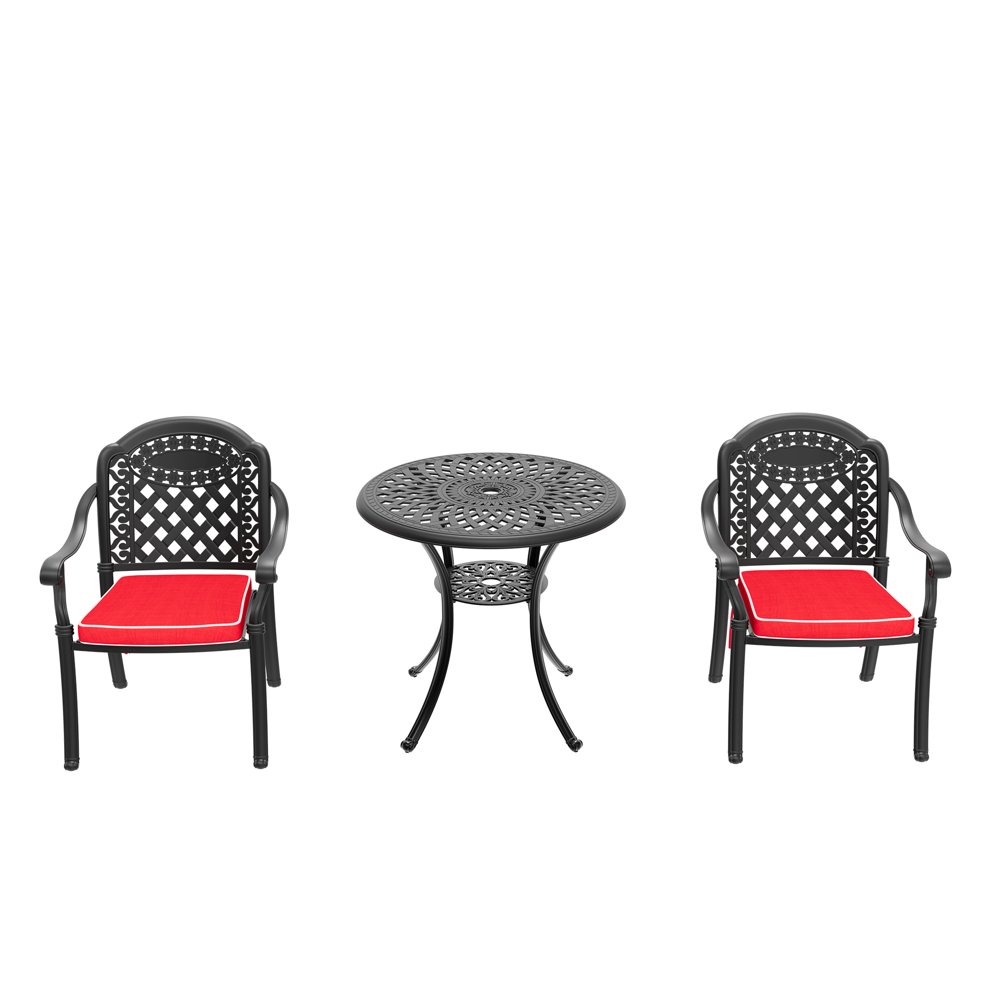 3-Piece Set Of Cast Aluminum Patio Furniture With Red Cushions - Image 3