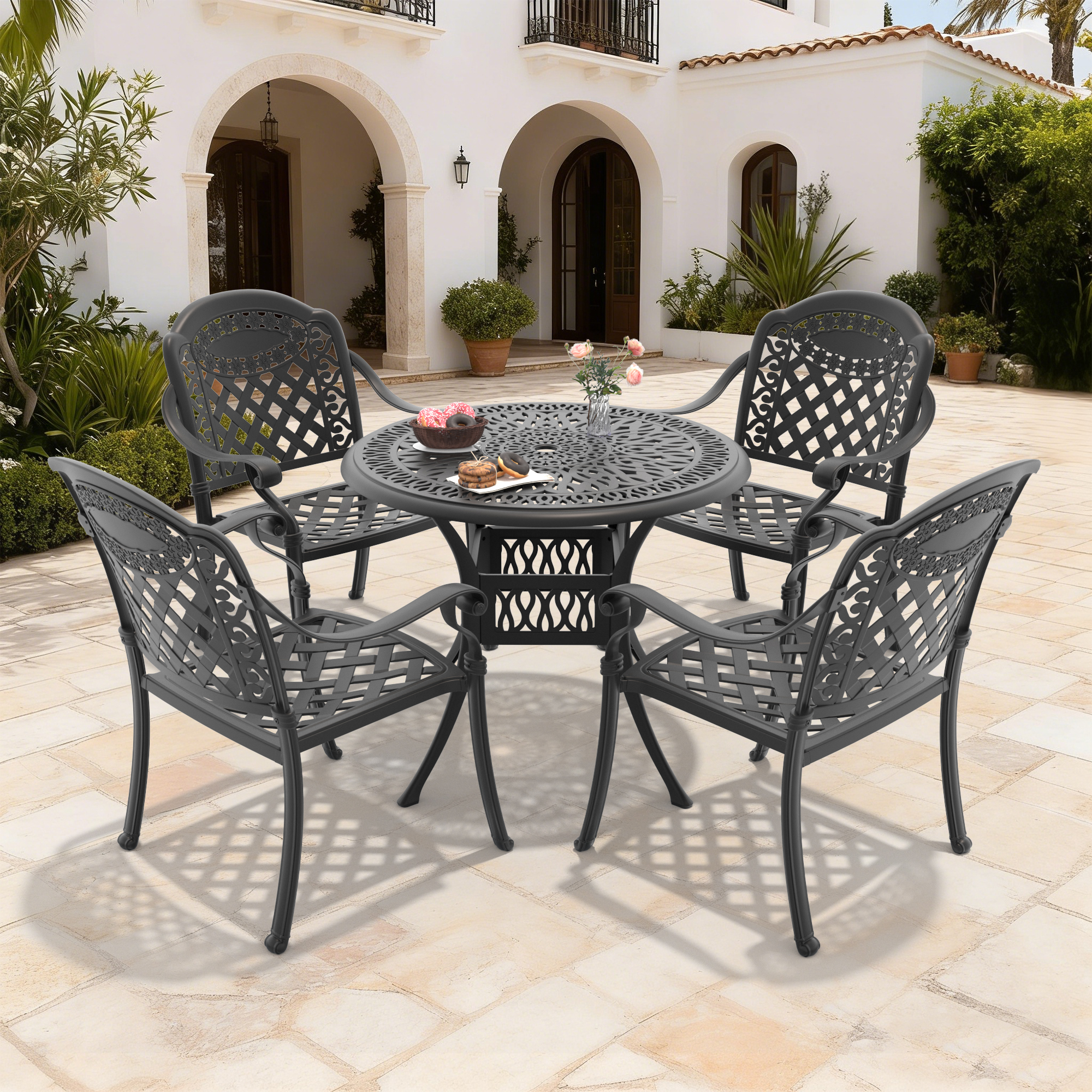 5-Piece Set Of Cast Aluminum Patio Furniture With Black Frame and Red Seat Cushions(same sku:W1710S00052,W1710S00018) - Image 2