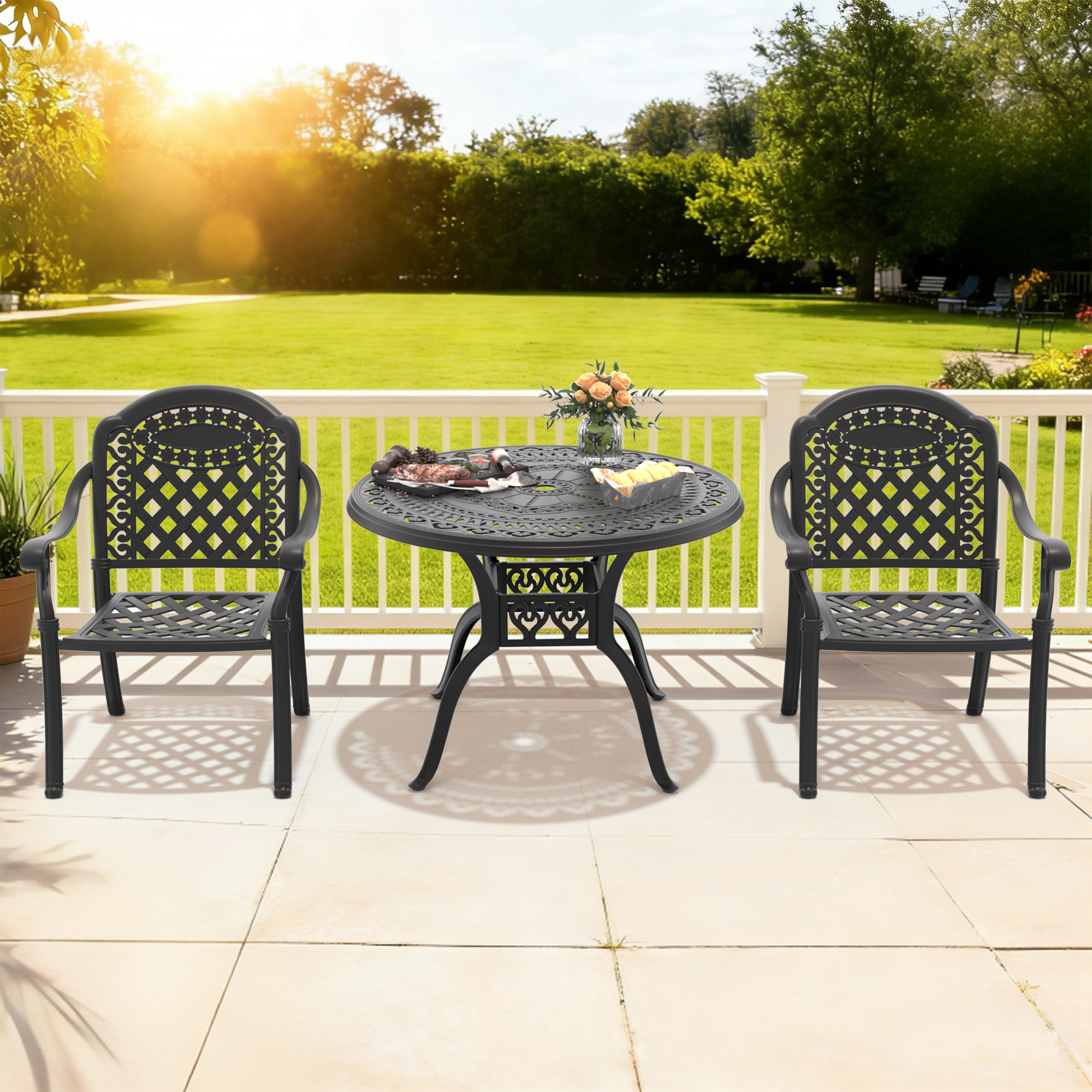 3-Piece Set Of Cast Aluminum Patio Furniture With Red Cushions - Image 2