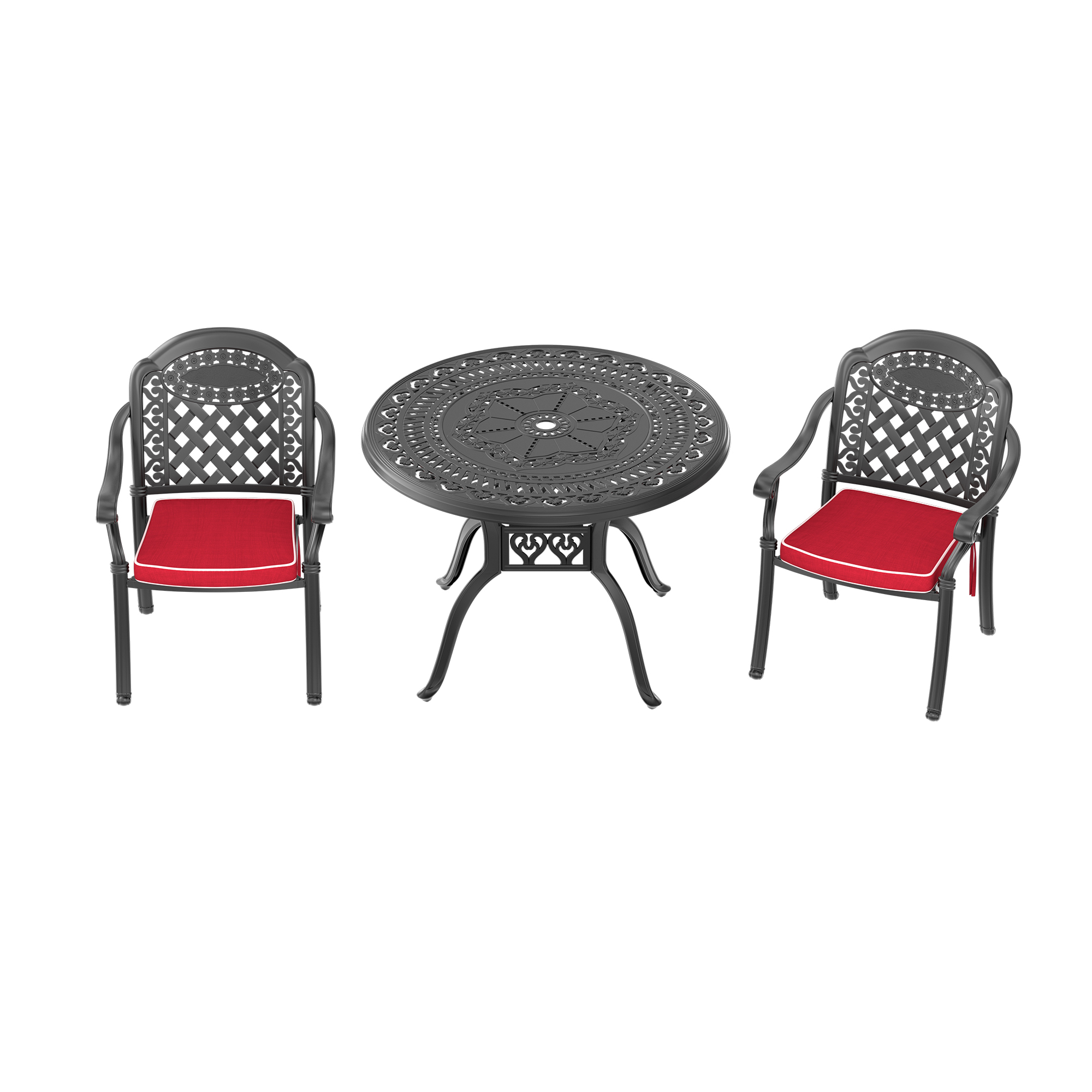 3-Piece Set Of Cast Aluminum Patio Furniture With Red Cushions - Image 3