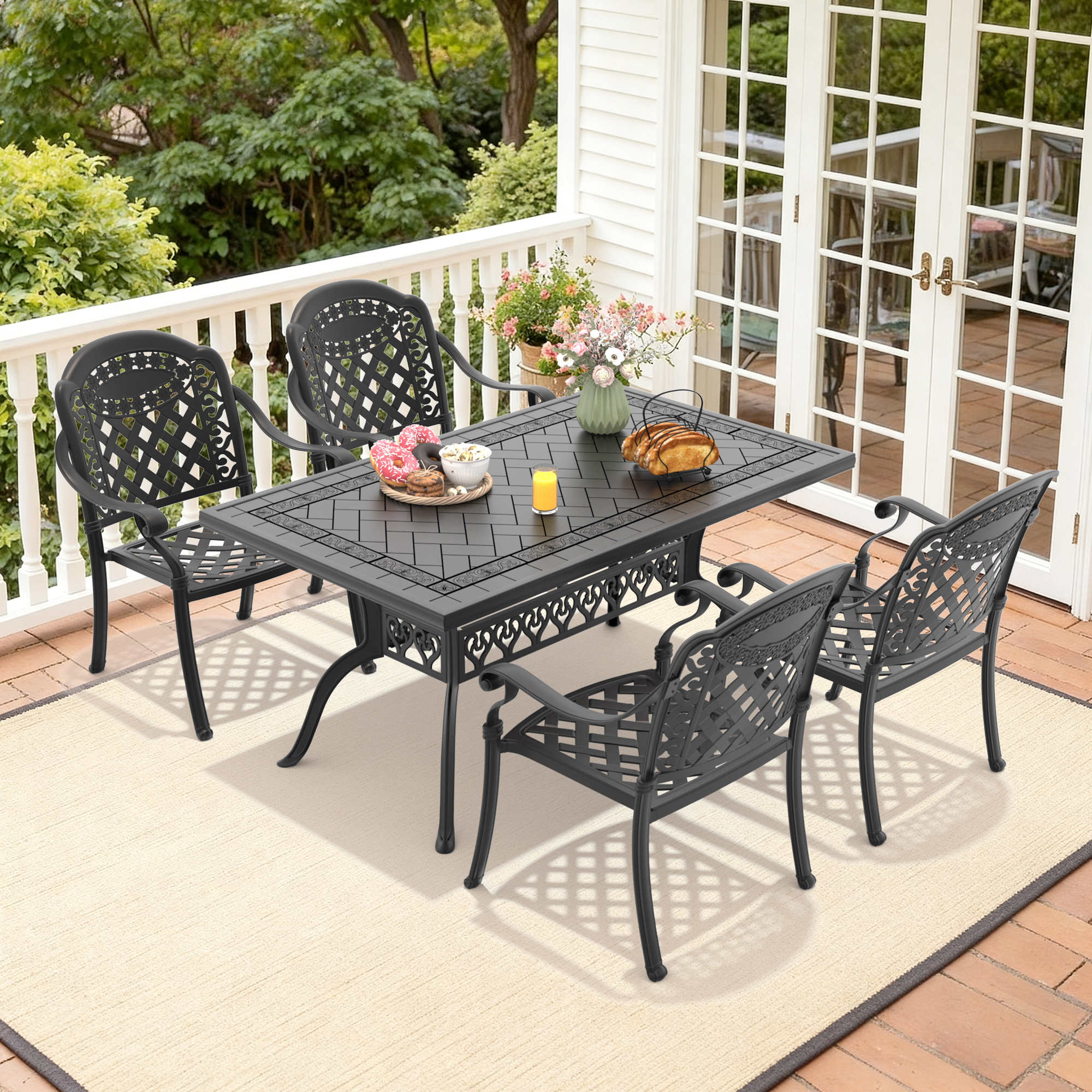 5-Piece Set Of Cast Aluminum Patio Furniture With Black Frame and Red Seat Cushions(same sku:W1710S00081,W1710S00040) - Image 2