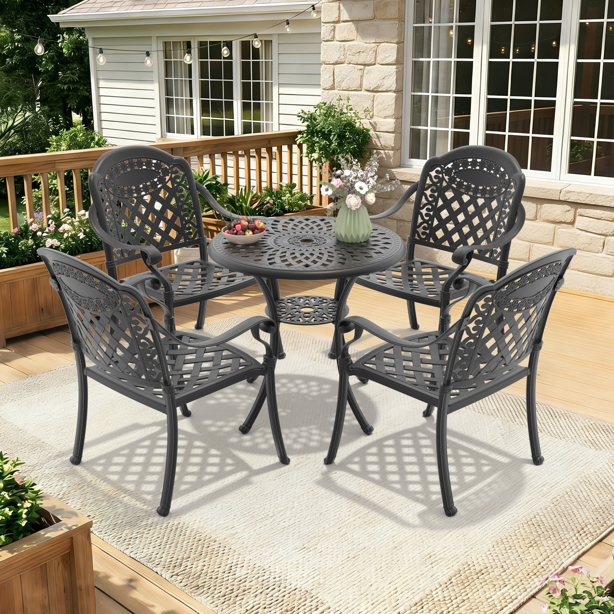 5-Piece Set Of Cast Aluminum Patio Furniture With Black Frame and Red Seat Cushions(same sku:W1710S00046,W1710S00019) - Image 2