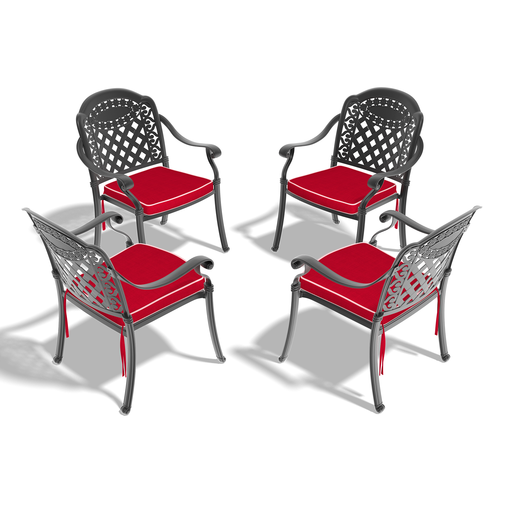 Cast Aluminum Patio Dining Chair 4PCS With Black Frame and Red Cushions (same as W1710S00505,W171091757) - Image 2