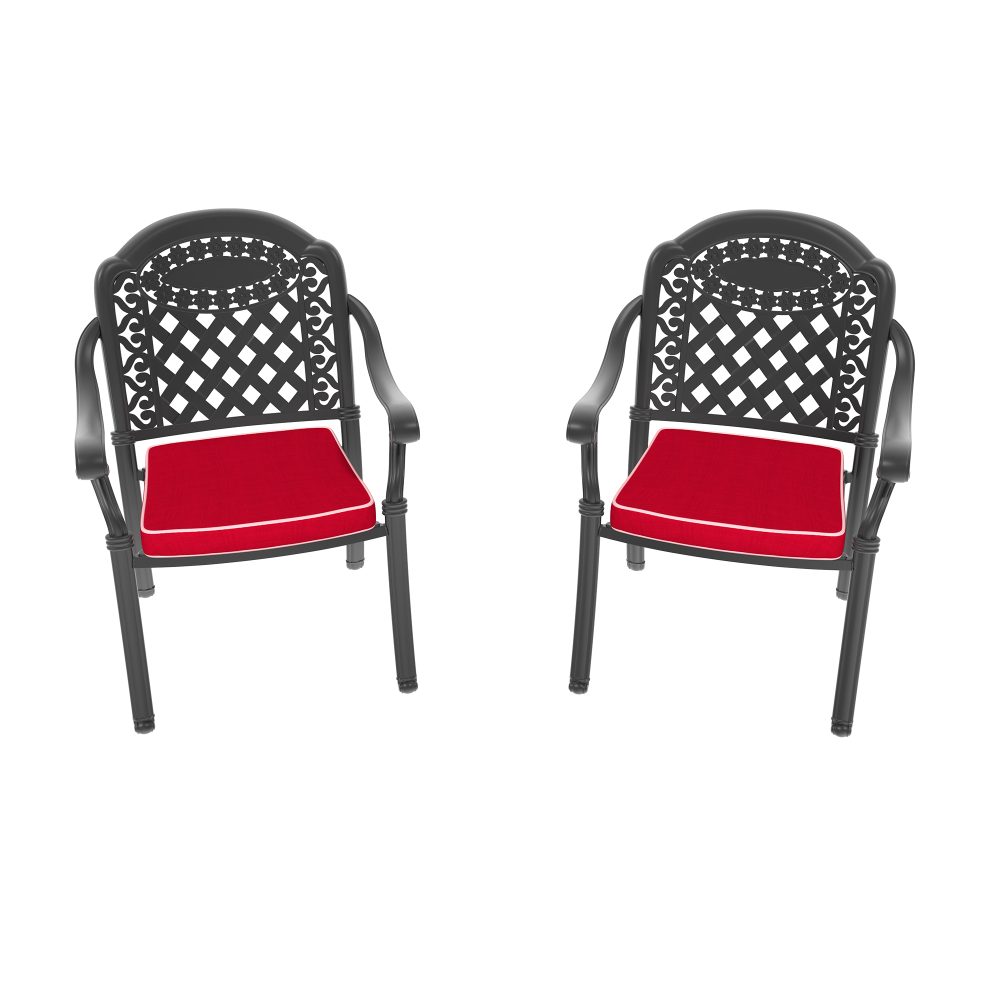 Cast Aluminum Patio Dining Chair 2PCS With Black Frame and Red Cushions - Image 2