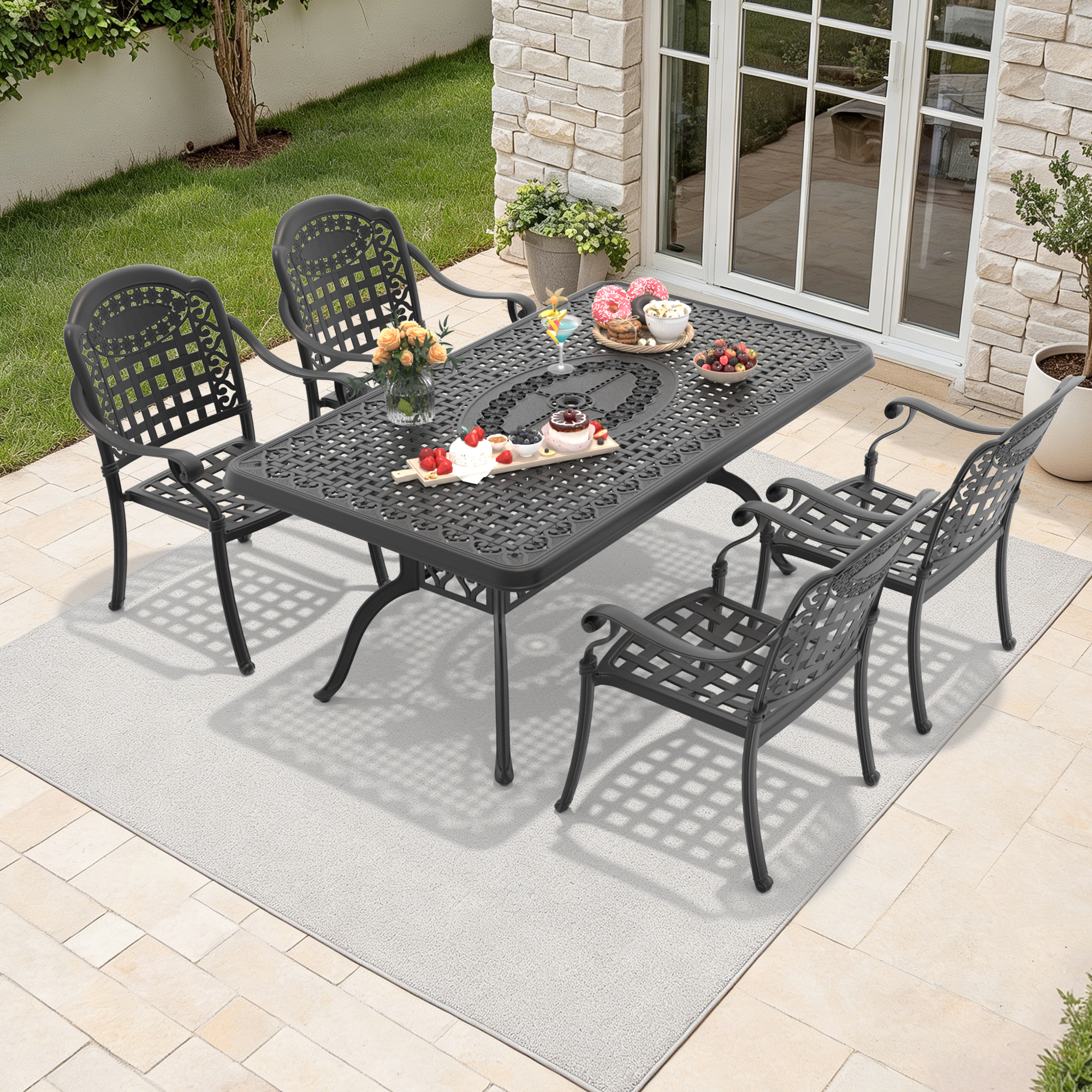 5-Piece Set Of Cast Aluminum Patio Furniture With Black Frame and Blue Cushions(same sku:W1710S00099,W1710S00029) - Image 2