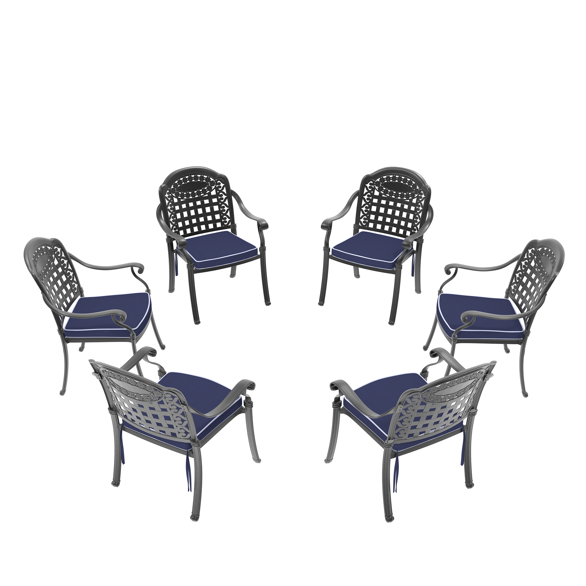 Cast Aluminum Patio Dining Chair 6PCS With Black Frame and Blue Cushions (same as:W1710S00511) - Image 2