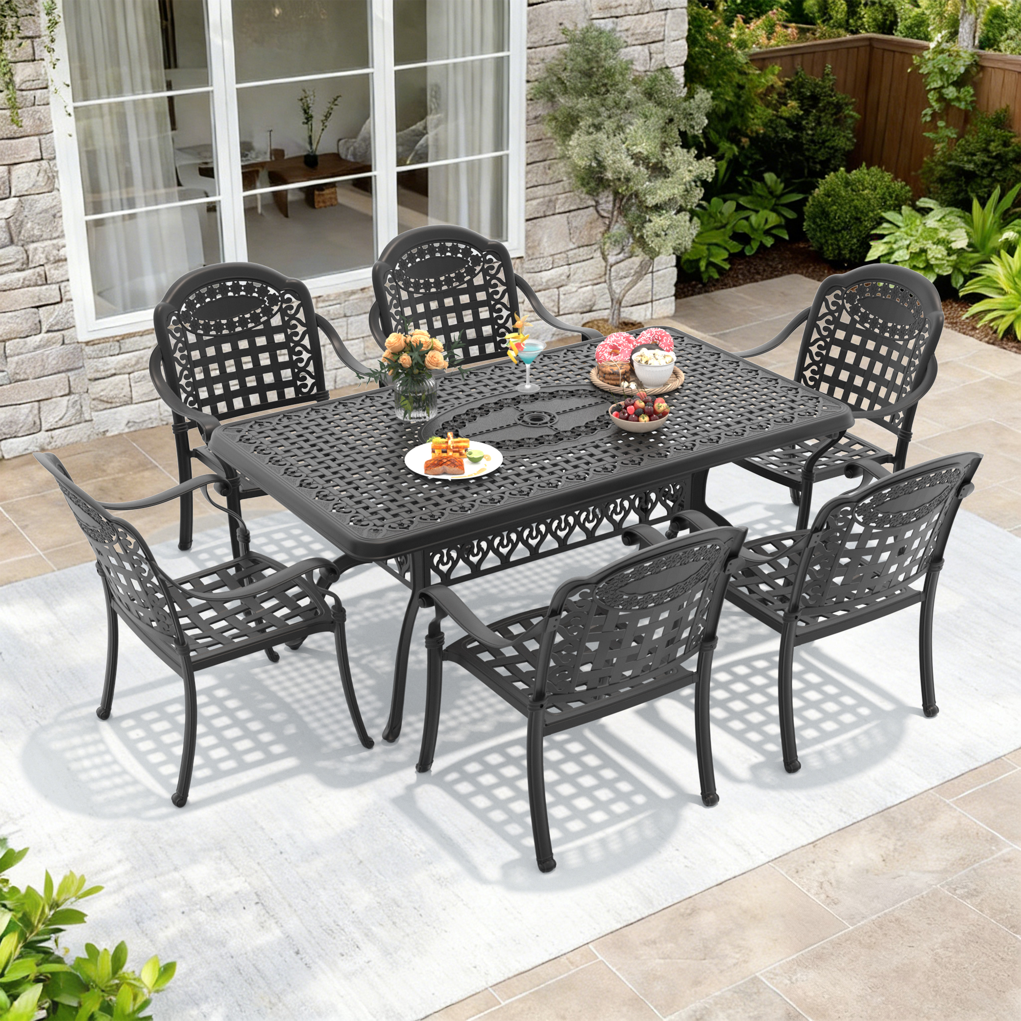 7-Piece Set Of Cast Aluminum Patio Furniture With Black Frame and Blue Cushions (same as: W1710S00591 ,W1710S00100) - Image 2