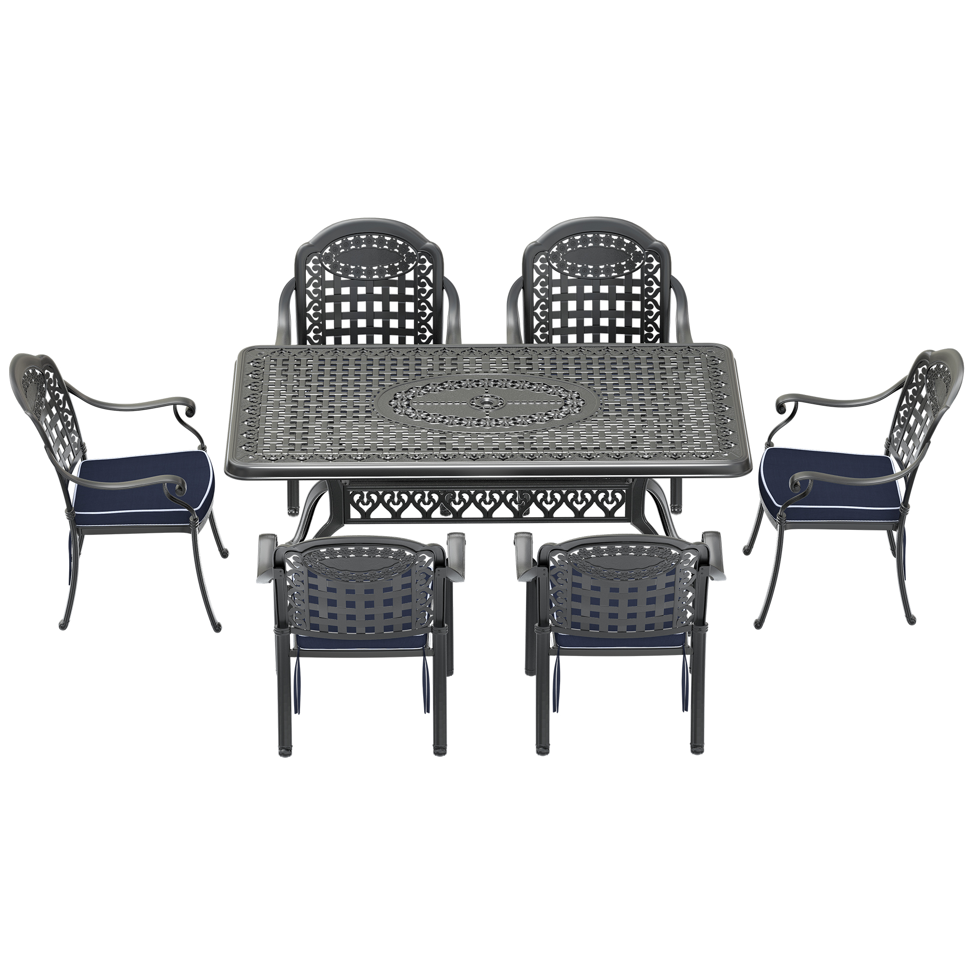 7-Piece Set Of Cast Aluminum Patio Furniture With Black Frame and Blue Cushions (same as: W1710S00591 ,W1710S00100) - Image 3