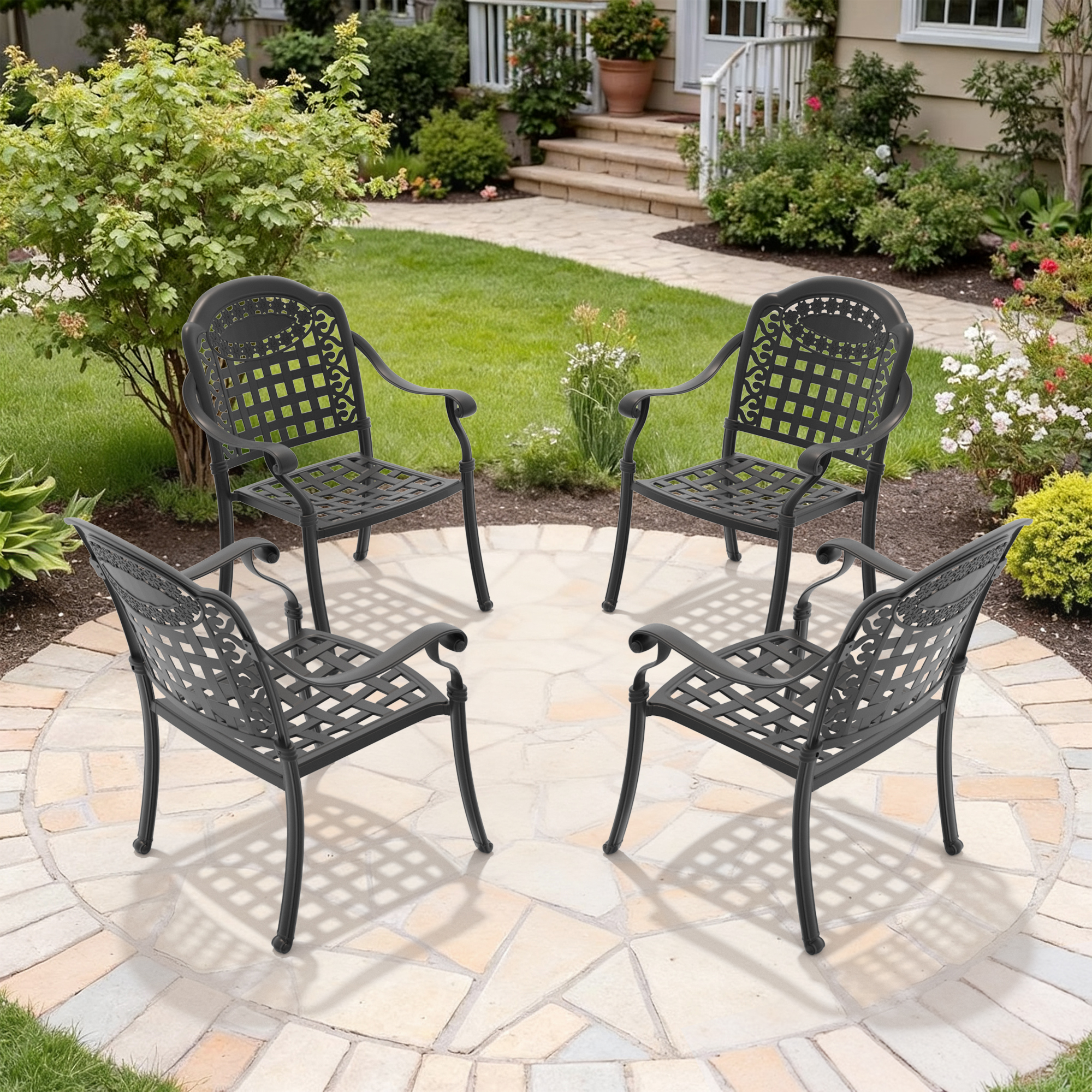 Cast Aluminum Patio Dining Chair 4PCS With Black Frame and Blue Cushions (same sku: W1710P166056,W171091760) - Image 2
