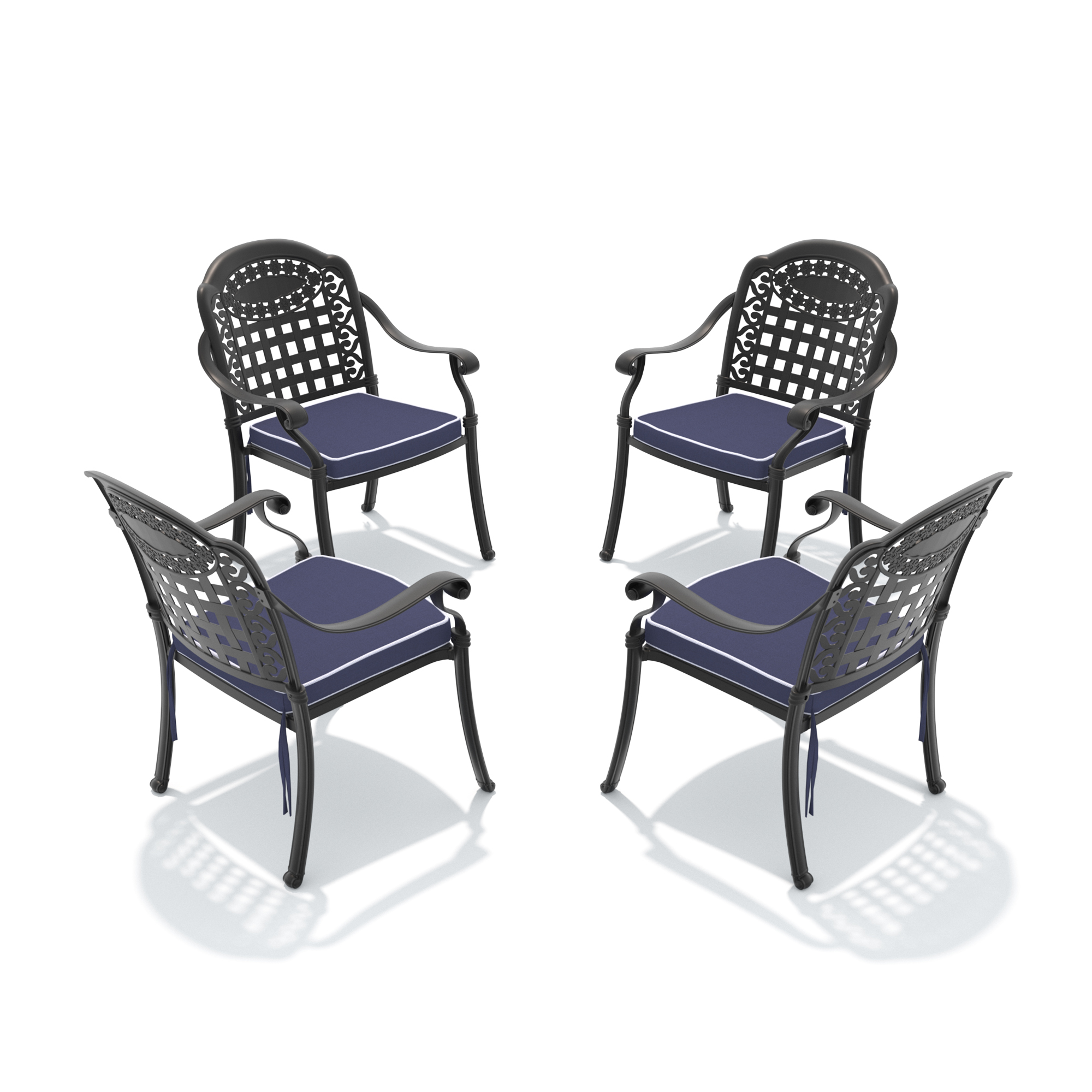 Cast Aluminum Patio Dining Chair 4PCS With Black Frame and Blue Cushions (same sku: W1710P166056,W171091760) - Image 3