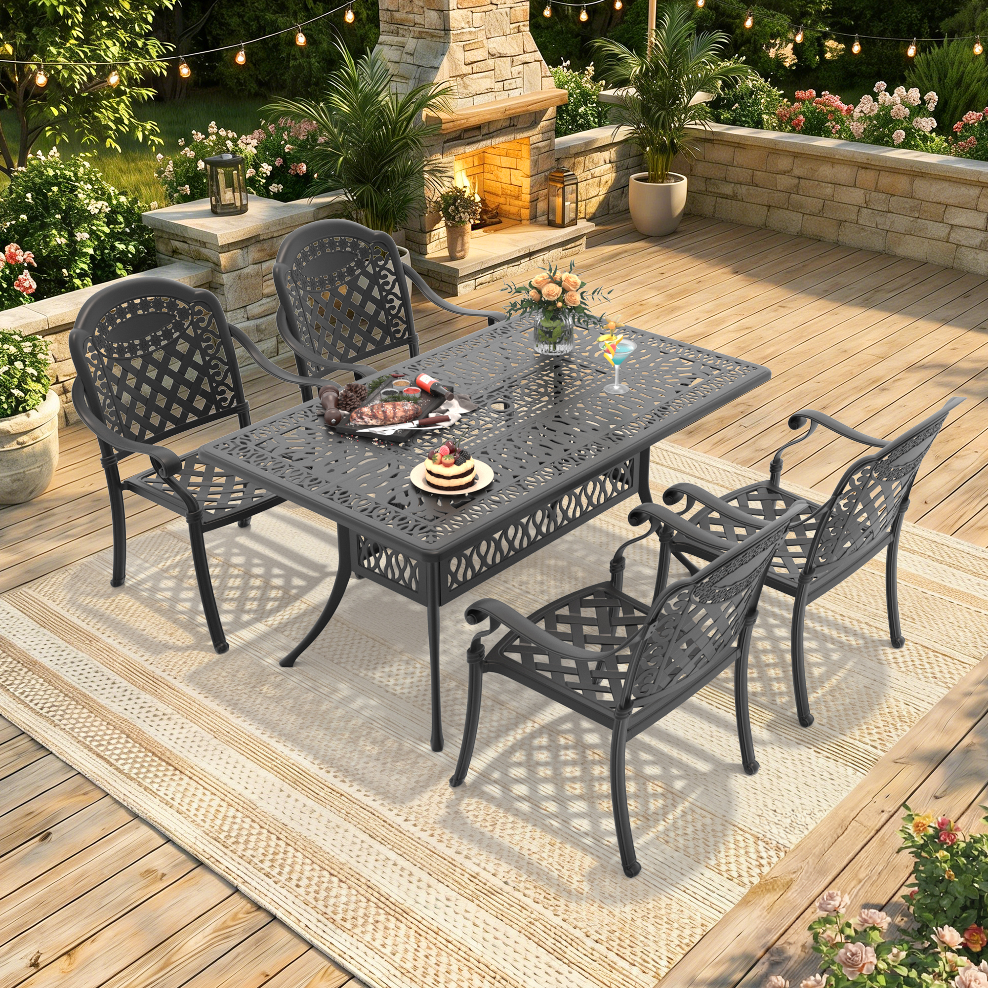 5-Piece Set Of Cast Aluminum Patio Furniture With Black Frame and Red Seat Cushions(same sku:W1710S00087,W1710S00020) - Image 2