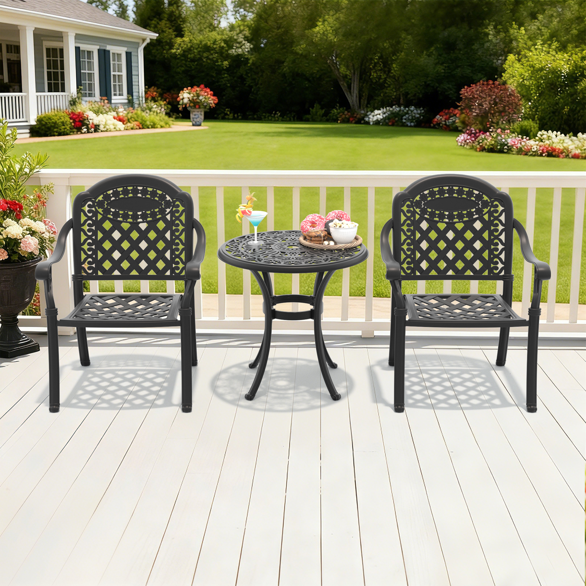 3-Piece Set Of Cast Aluminum Patio Furniture With Black Frame and Red Seat Cushions - Image 2