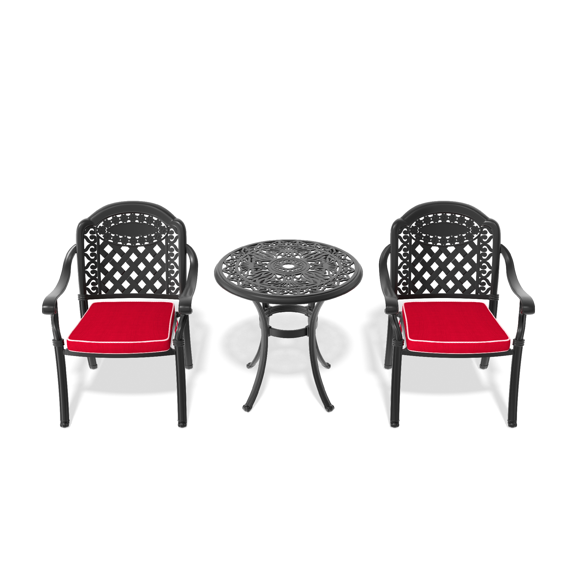 3-Piece Set Of Cast Aluminum Patio Furniture With Black Frame and Red Seat Cushions - Image 3