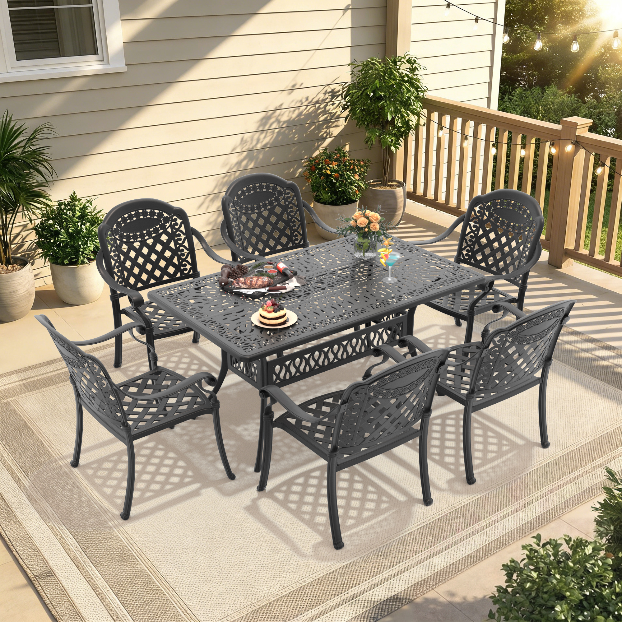 7-Piece Set Of Cast Aluminum Patio Furniture With Black Frame and Red Seat Cushions(same as:W1710S00489 ,W1710S00088,W1710S00021) - Image 2