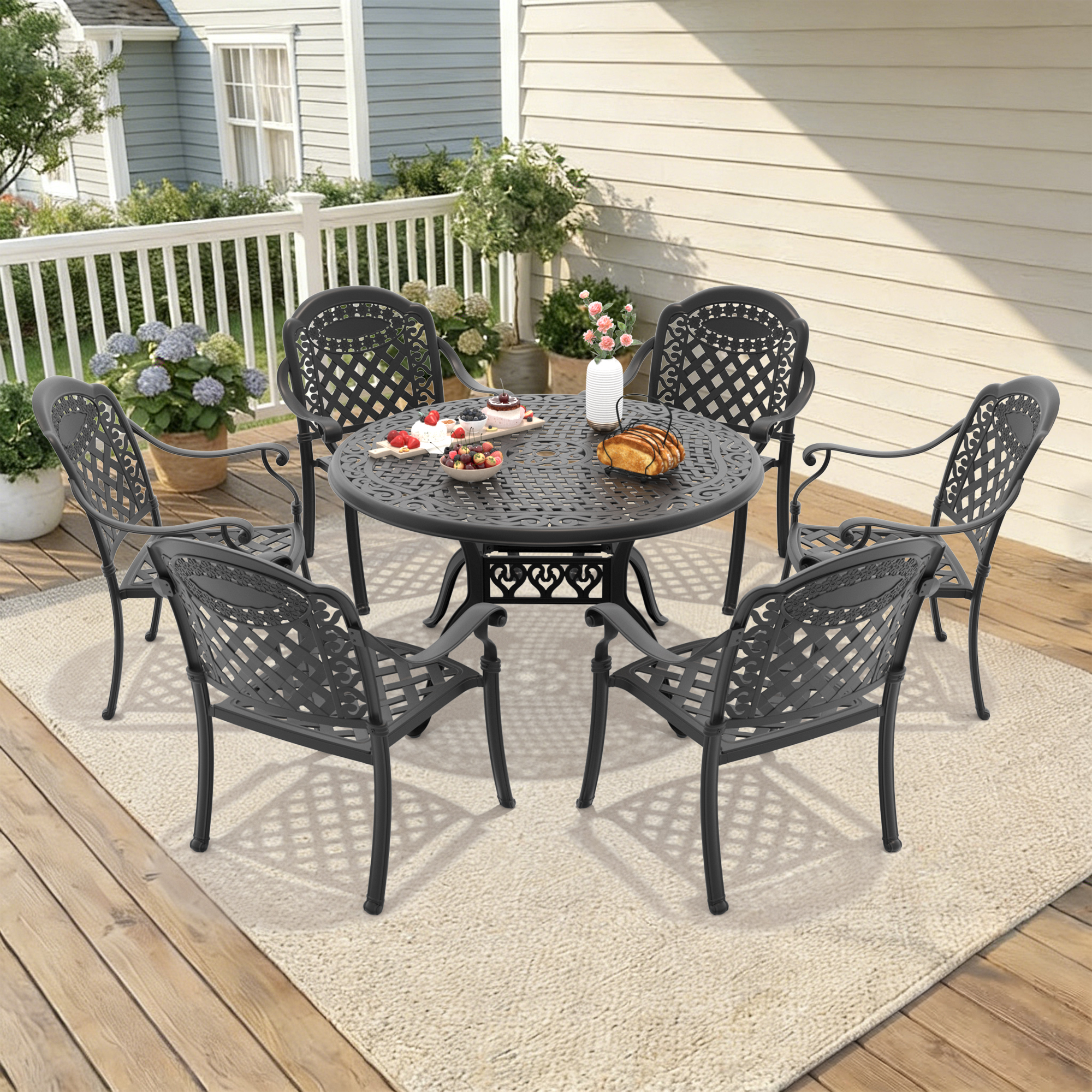 7-Piece Set Of Cast Aluminum Patio Furniture With Red Cushions (same as:W1710S00554 ,W1710S00142) - Image 2