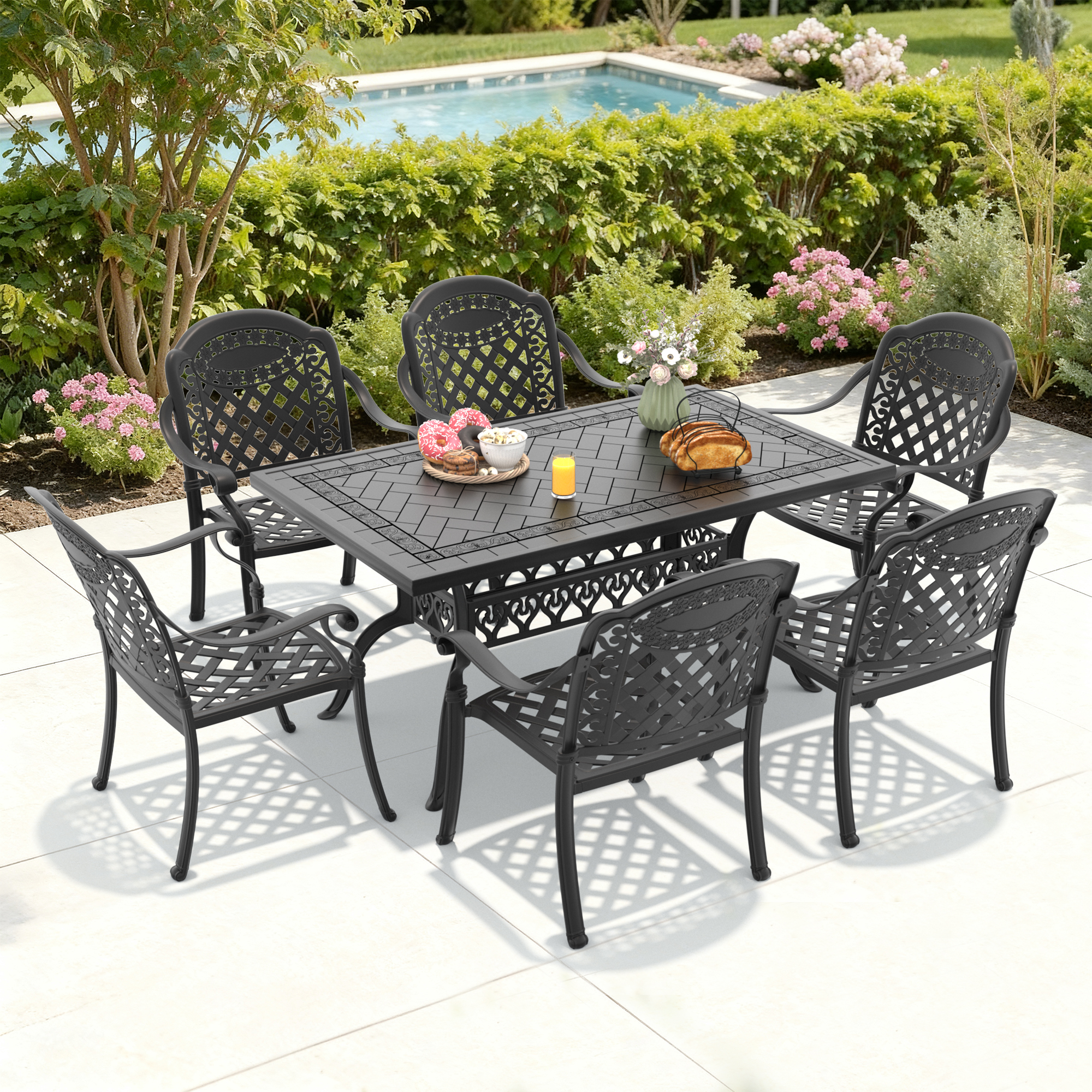 7-Piece Set Of Cast Aluminum Patio Furniture With Red Cushions (same as:W1710S00576 ,W1710S00082) - Image 2