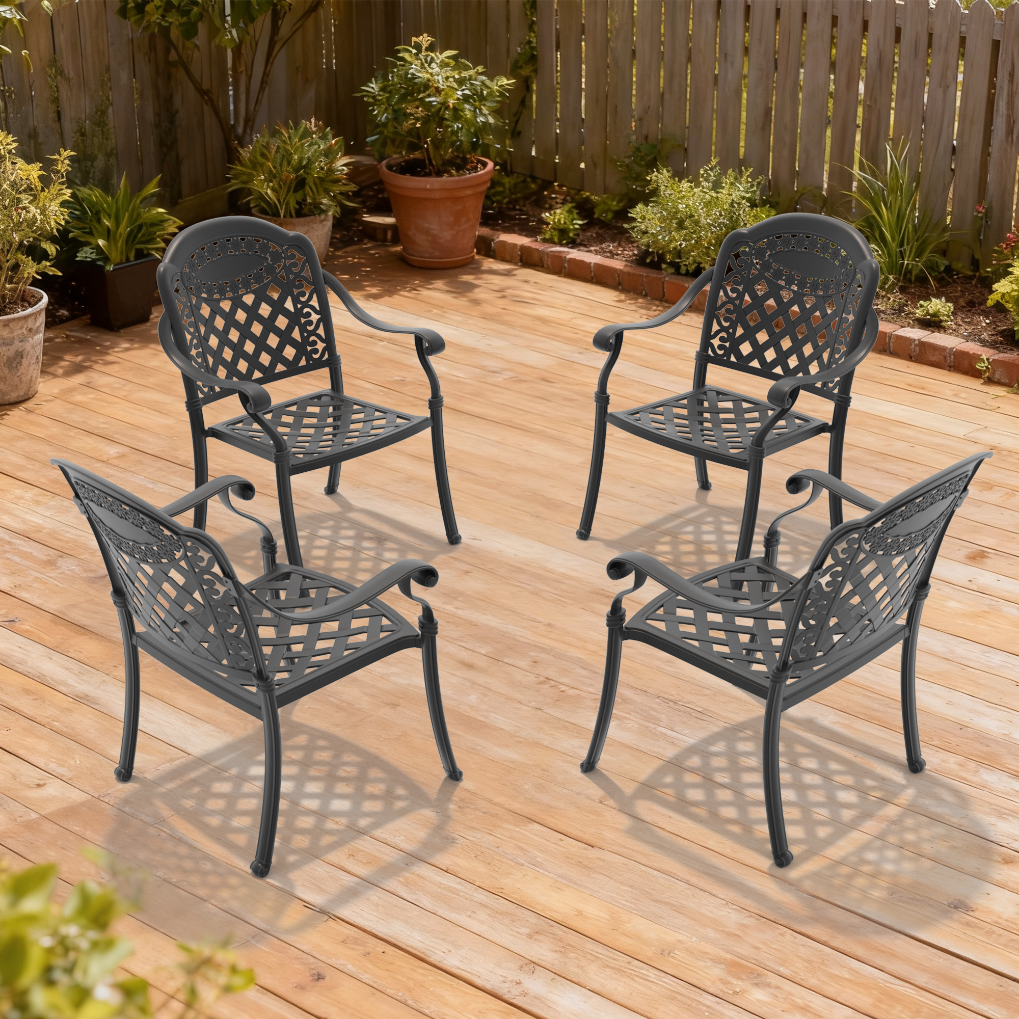 Cast Aluminum Patio Dining Chair 4PCS With Black Frame and Red Cushions (same sku: W1710P166054) - Image 2