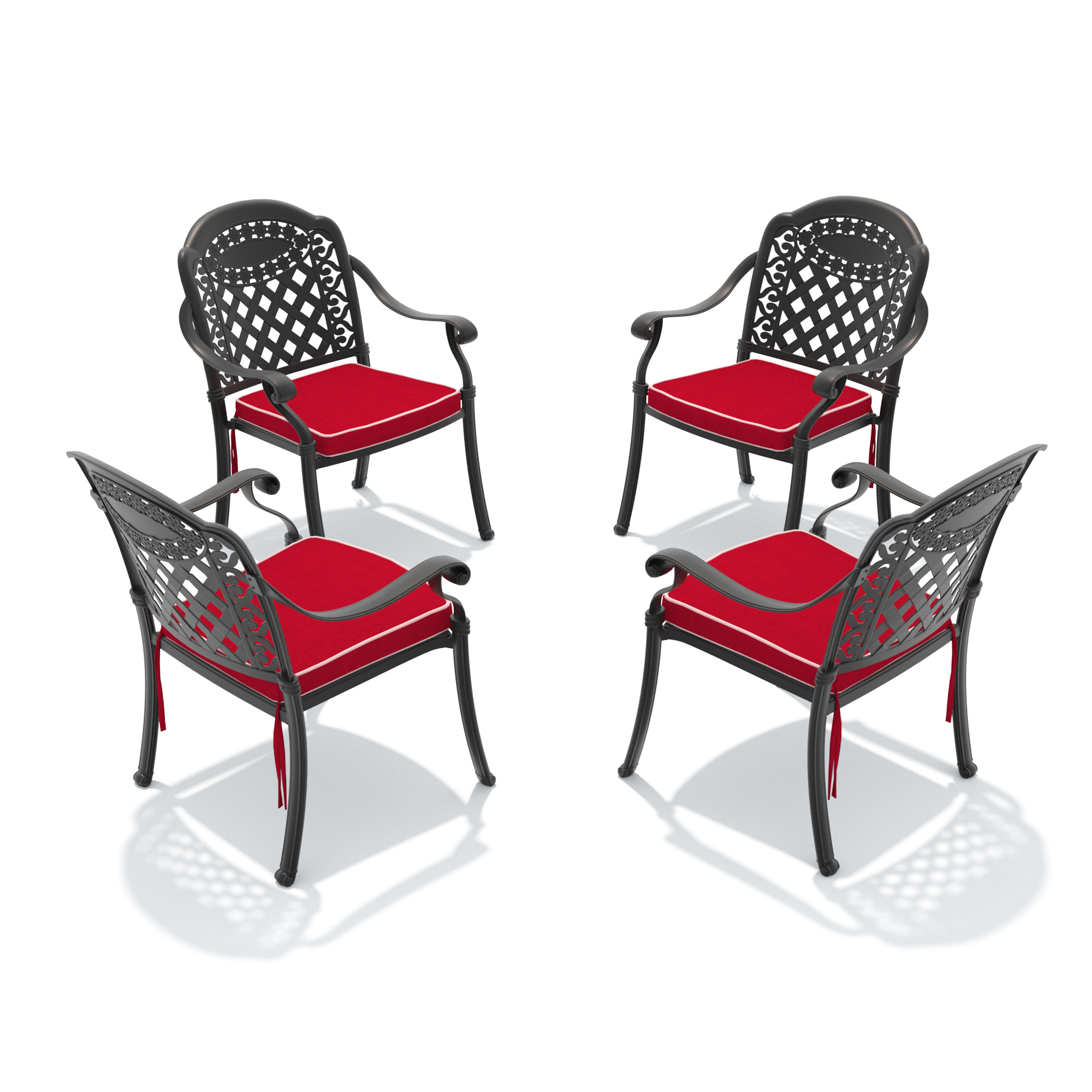 Cast Aluminum Patio Dining Chair 4PCS With Black Frame and Red Cushions (same sku: W1710P166054) - Image 3