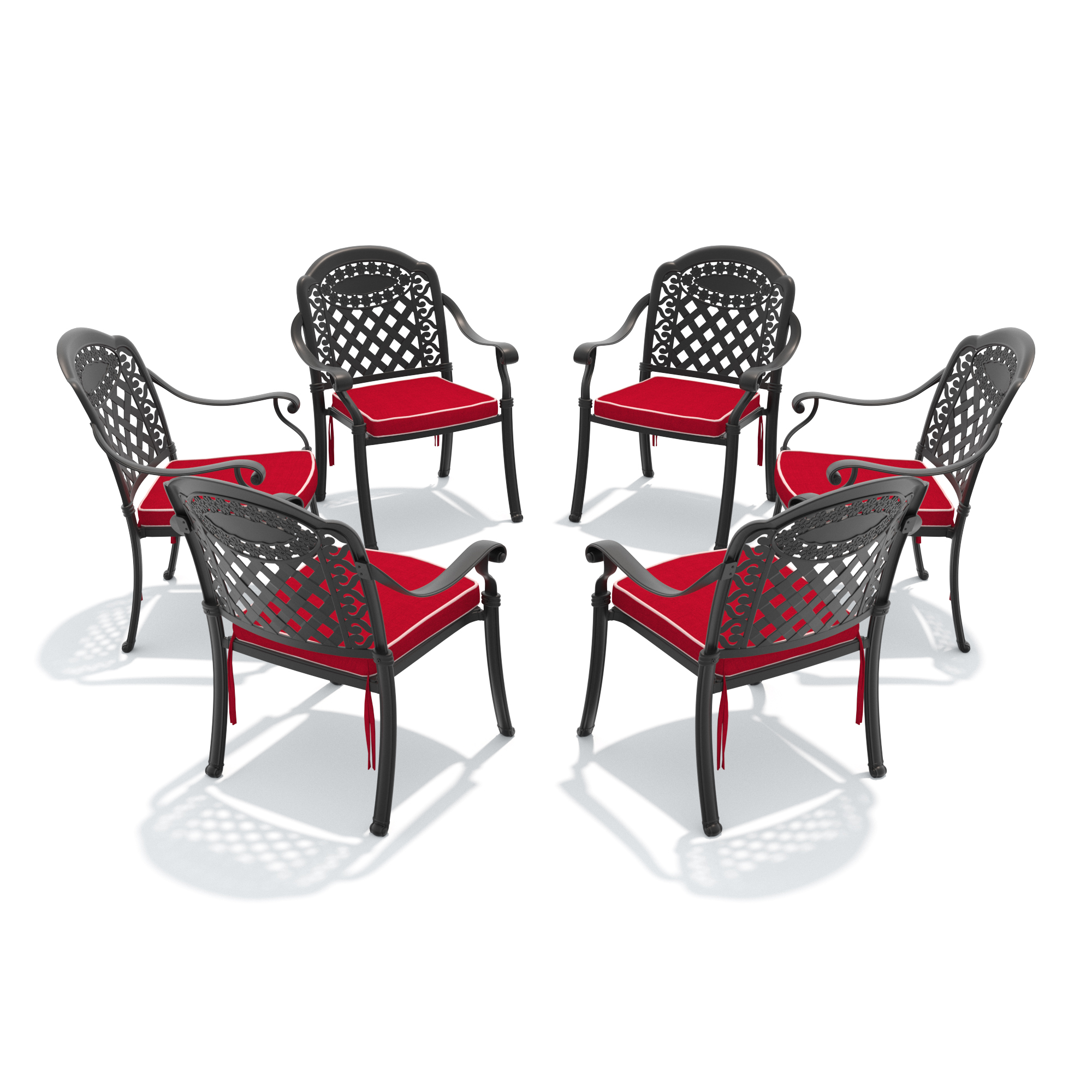 Cast Aluminum Patio Dining Chair 6PCS With Black Frame and Red Cushions (same as: W1710S00480,W1710P166055,W171091758) - Image 3