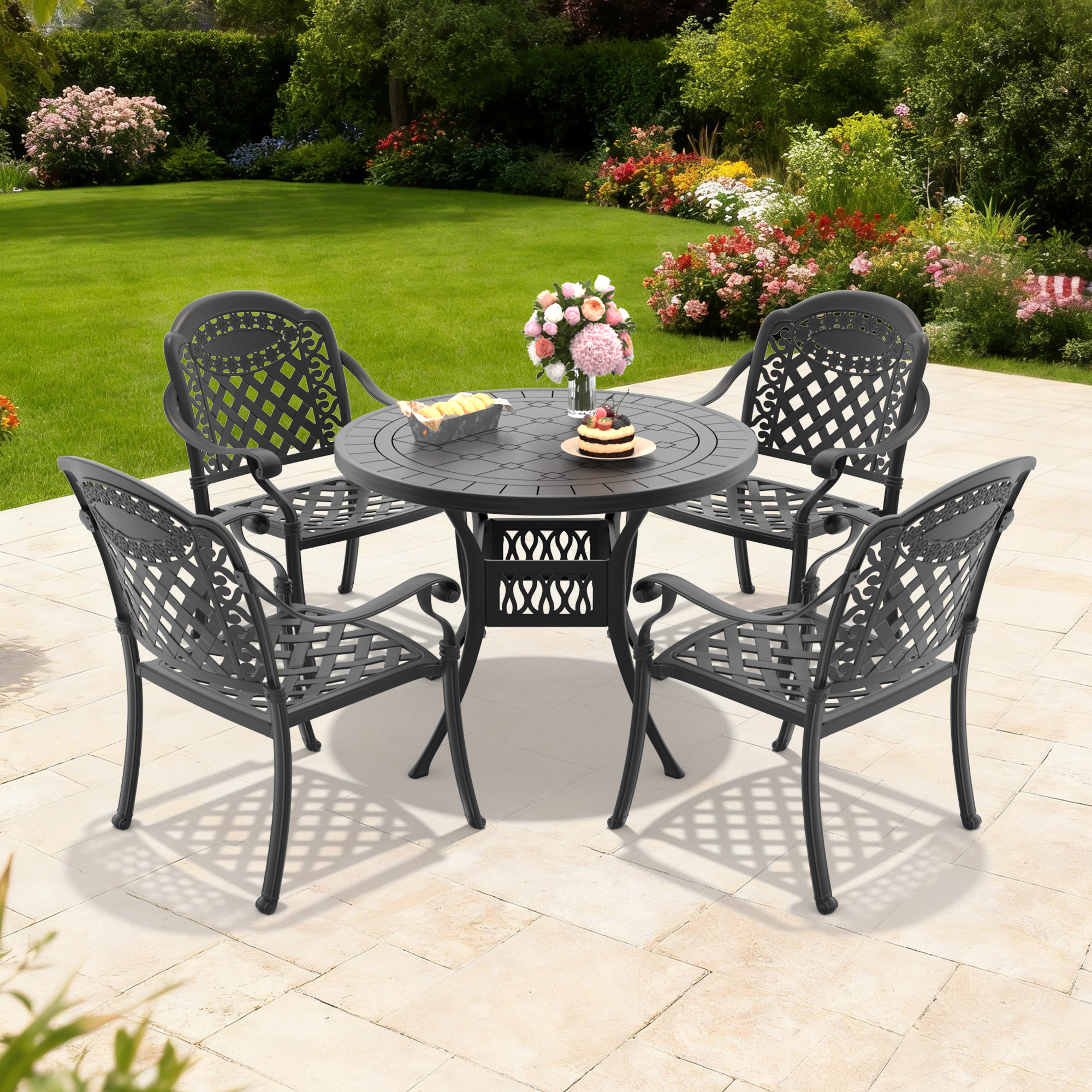 5-Piece Set Of Cast Aluminum Patio Furniture With Black Frame and Red Seat Cushions - Image 2