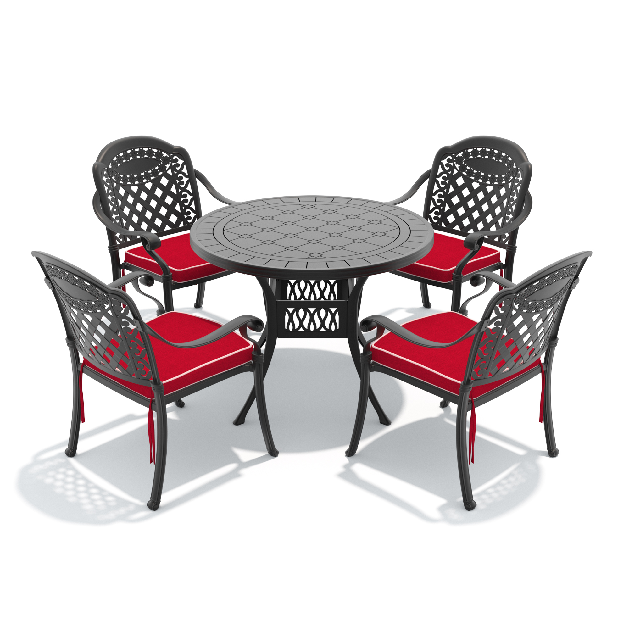 5-Piece Set Of Cast Aluminum Patio Furniture With Black Frame and Red Seat Cushions - Image 3