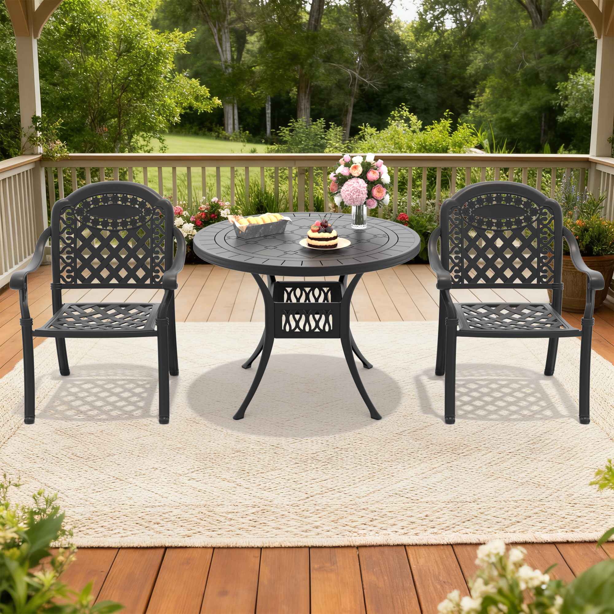 3-Piece Set Of Cast Aluminum Patio Furniture With Red Cushions - Image 2
