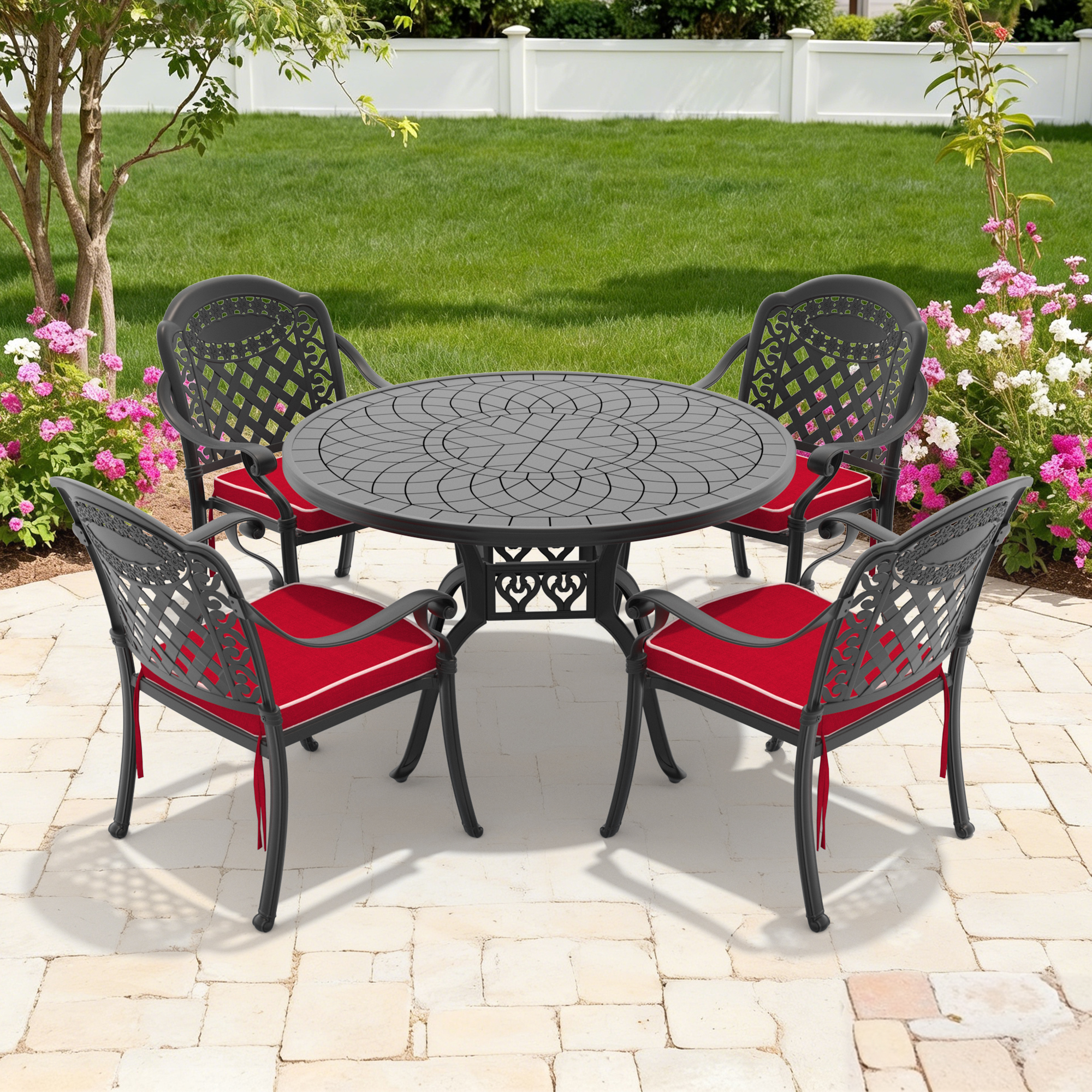 5-Piece Set Of Cast Aluminum Patio Furniture With Red Cushions - Image 1