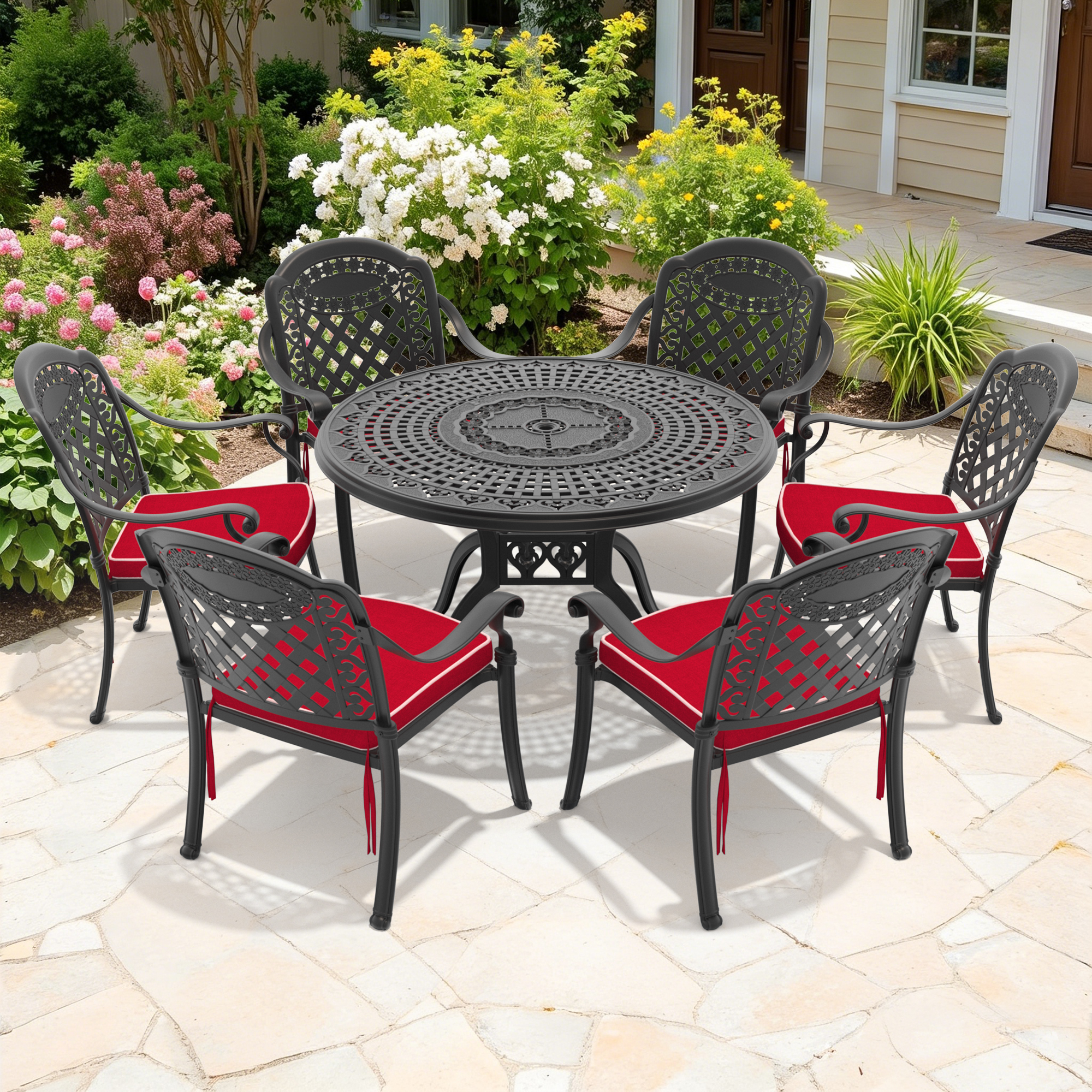 7-Piece Set Of Cast Aluminum Patio Furniture With Black Frame and Red Seat Cushions - Image 1
