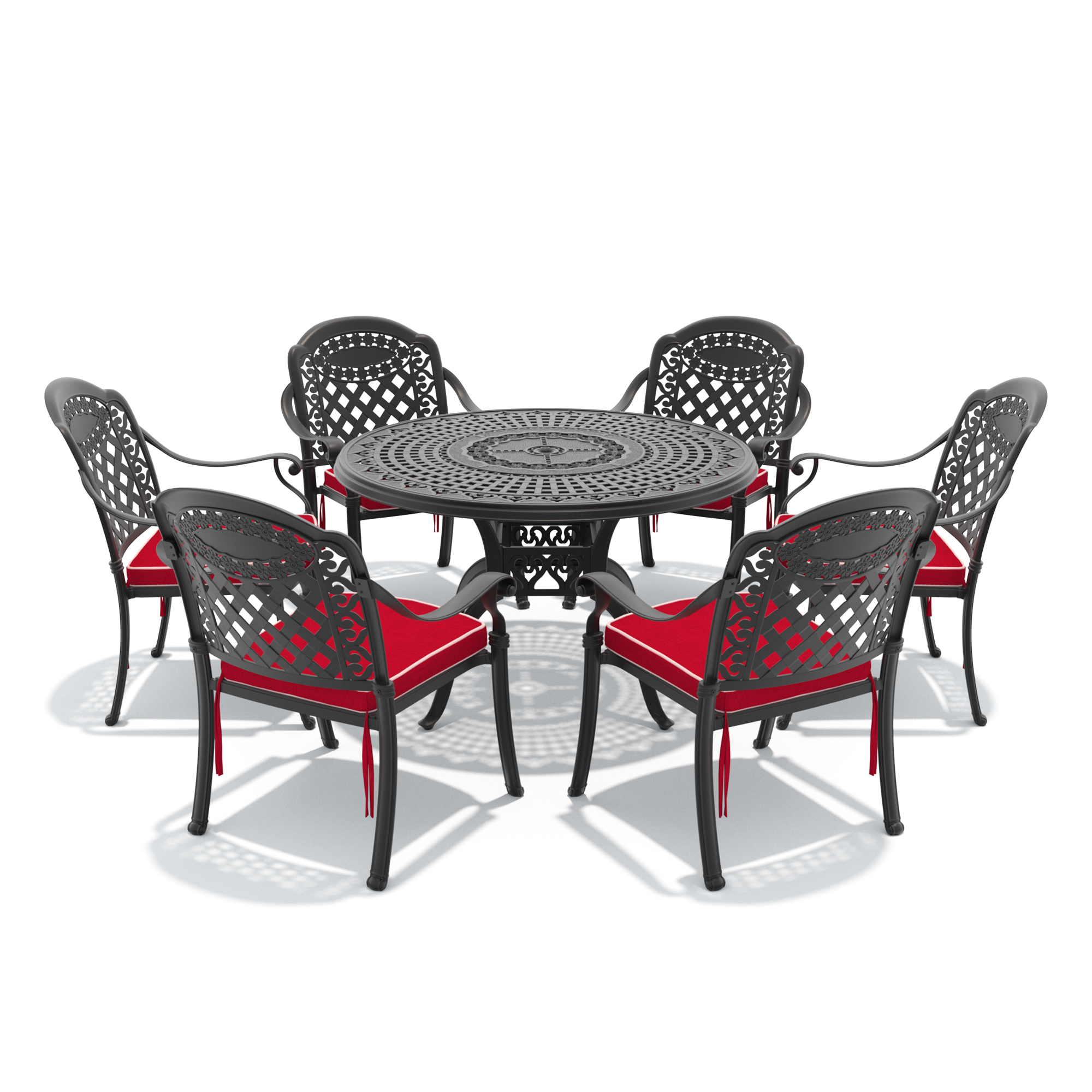 7-Piece Set Of Cast Aluminum Patio Furniture With Black Frame and Red Seat Cushions - Image 2