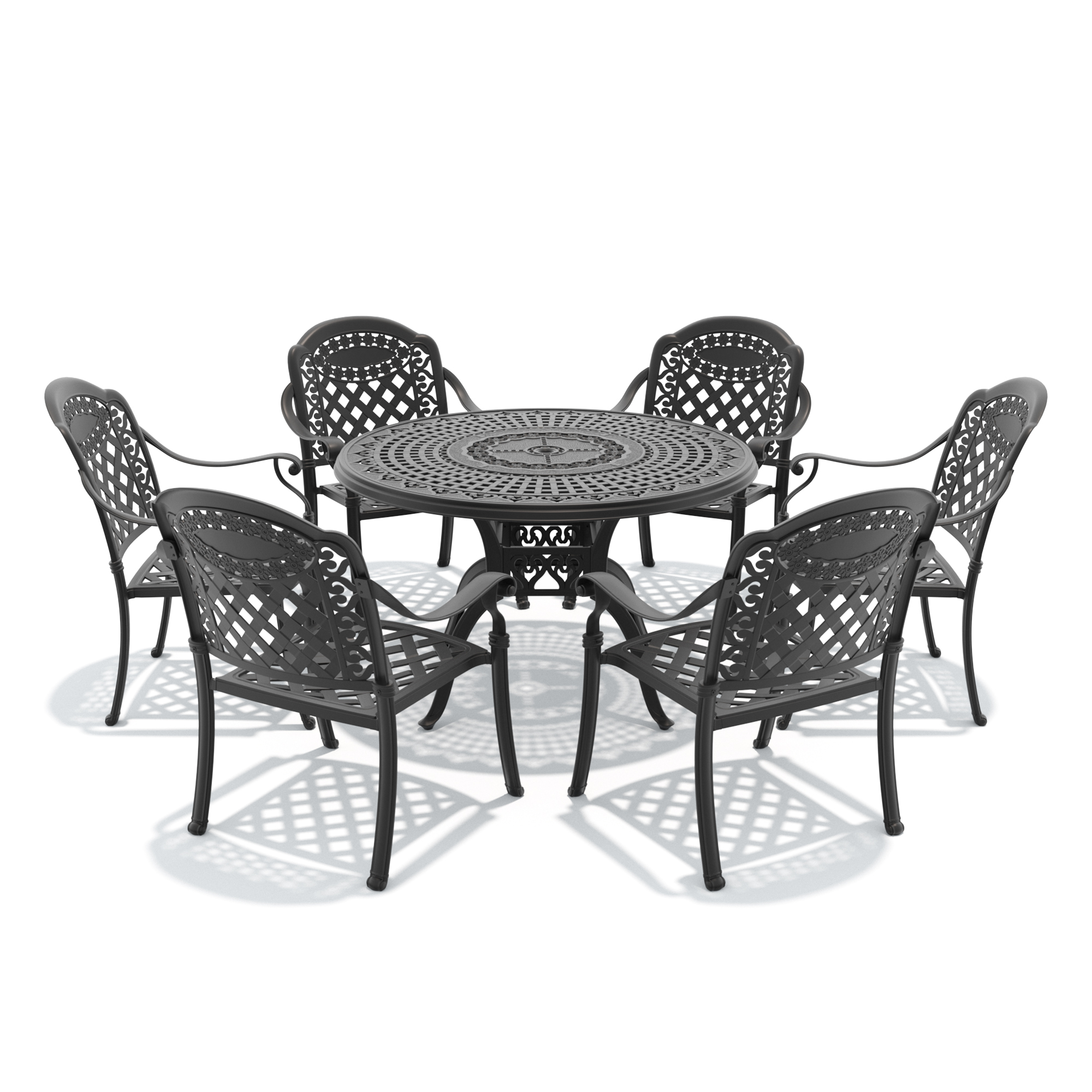7-Piece Set Of Cast Aluminum Patio Furniture With Black Frame and Red Seat Cushions - Image 3