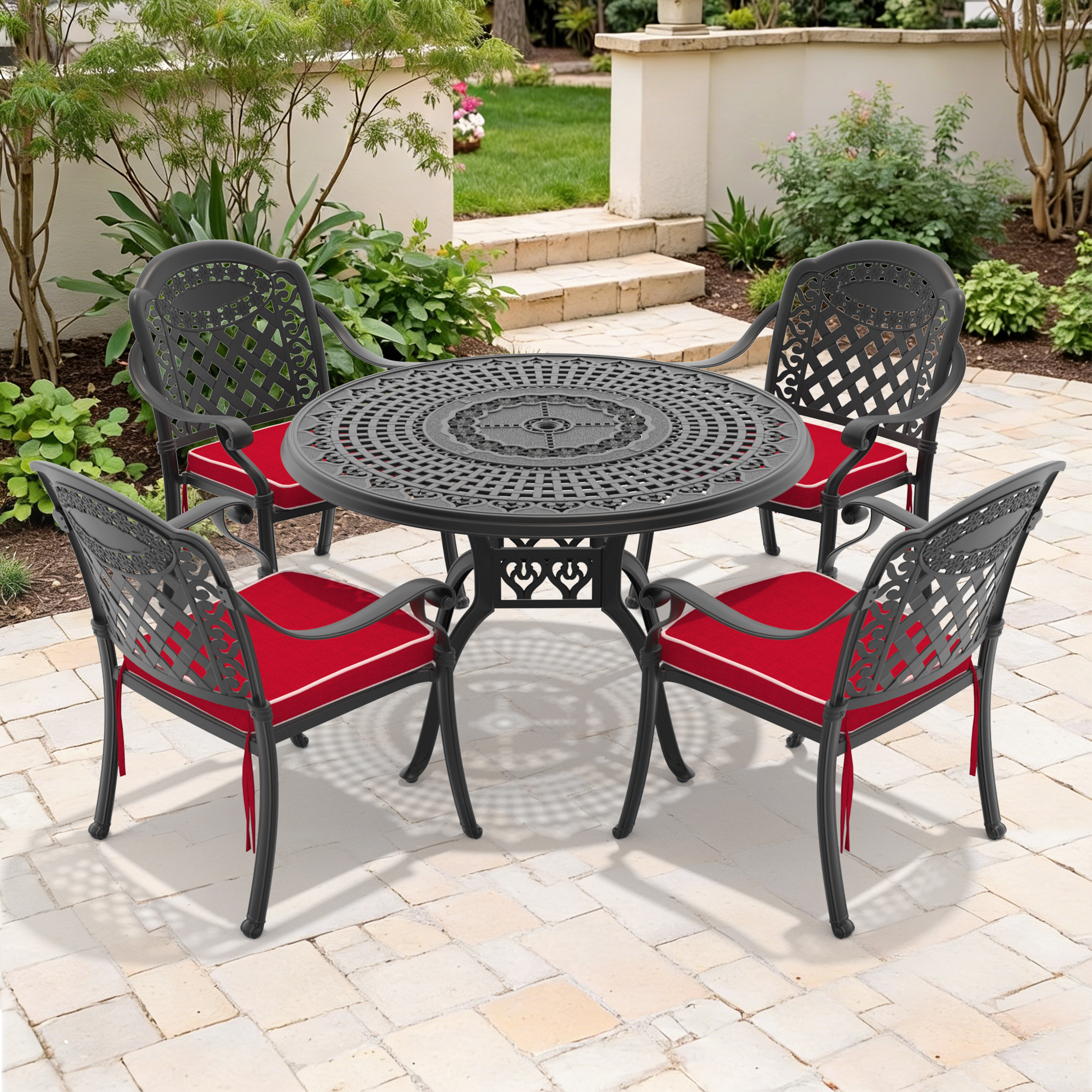 5-Piece Set Of Cast Aluminum Patio Furniture With Red Cushions - Image 1