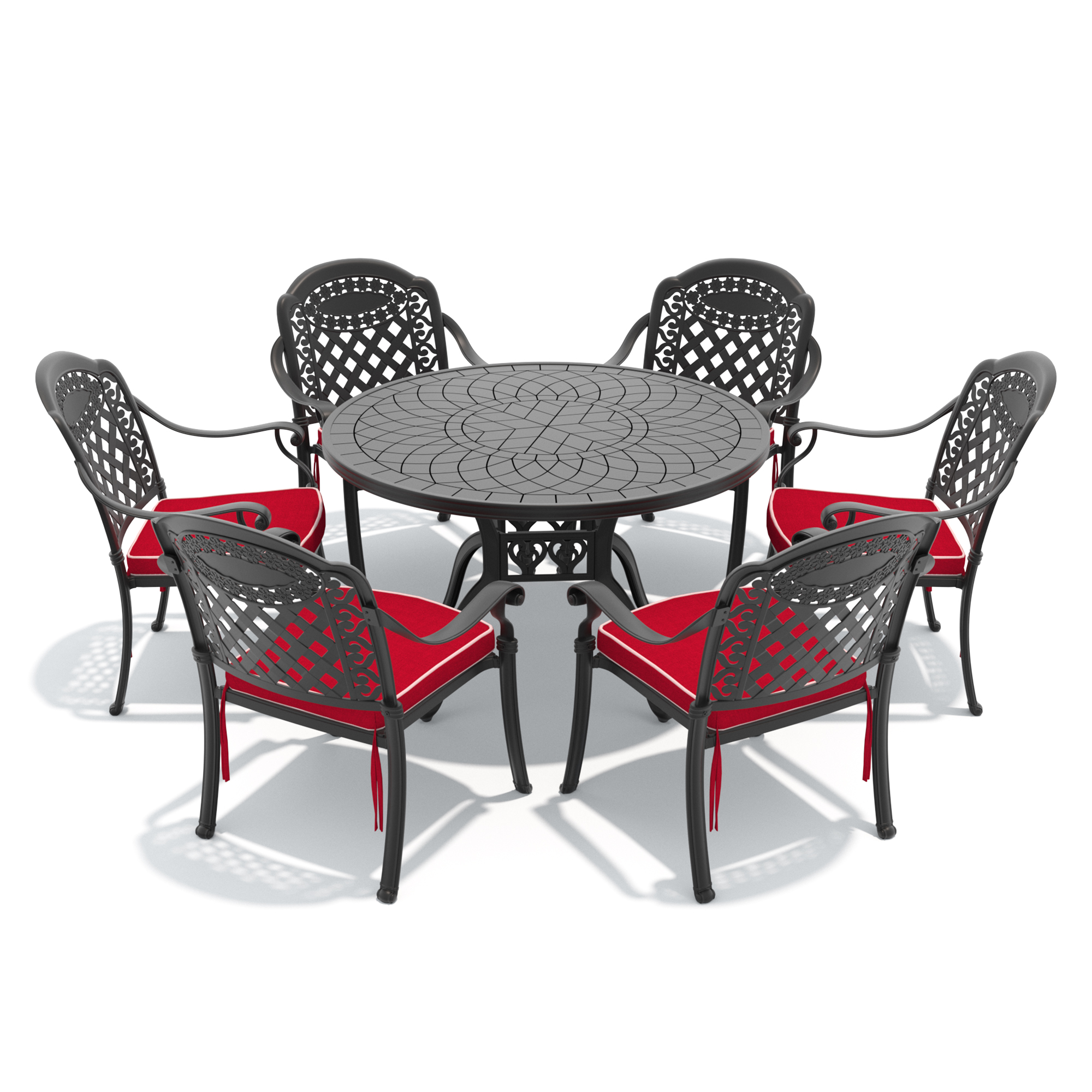 7-Piece Set Of Cast Aluminum Patio Furniture With Black Frame and Red Seat Cushions - Image 2