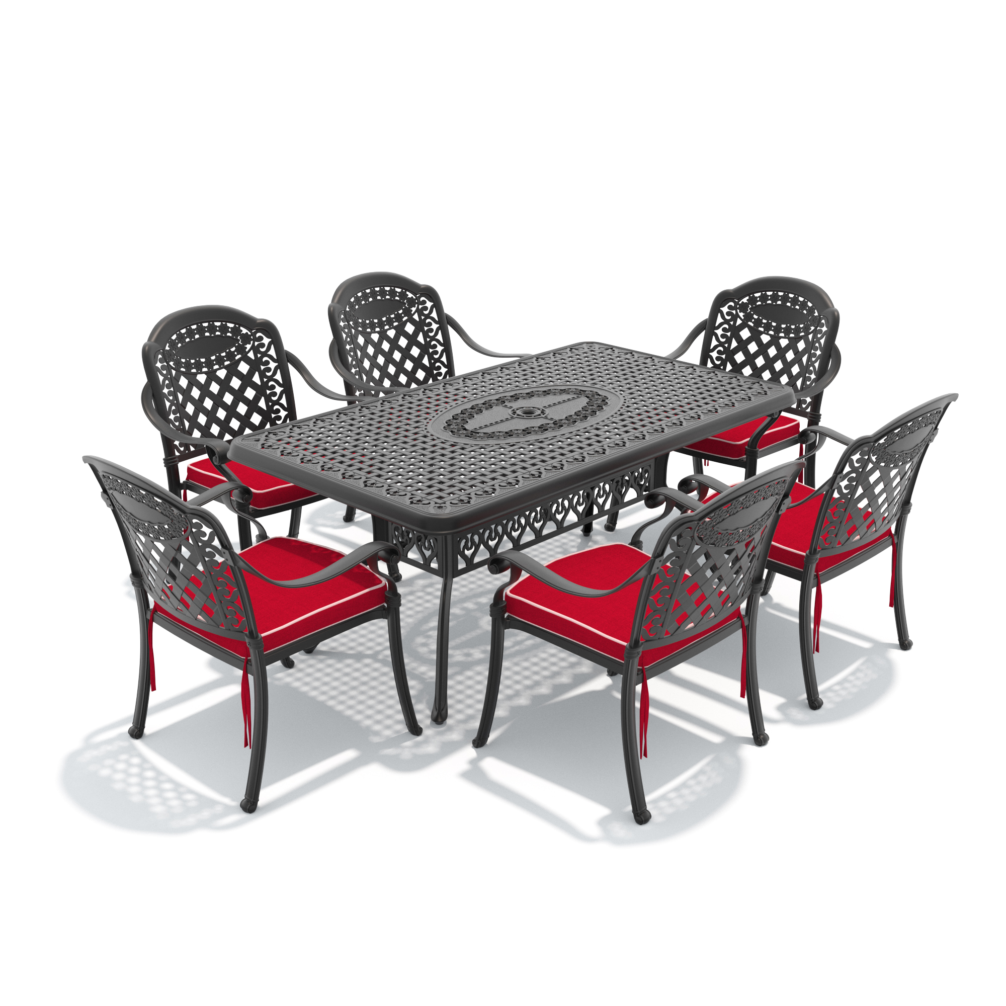7-Piece Set Of Cast Aluminum Patio Furniture With Black Frame and Red Cushions - Image 2