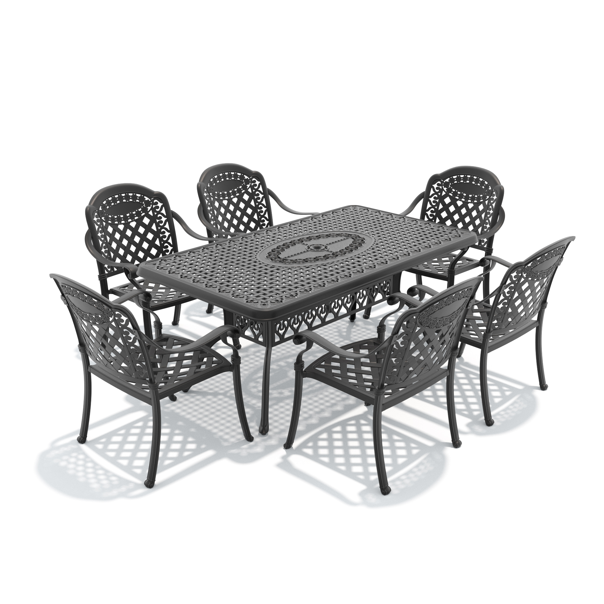 7-Piece Set Of Cast Aluminum Patio Furniture With Black Frame and Red Cushions - Image 3