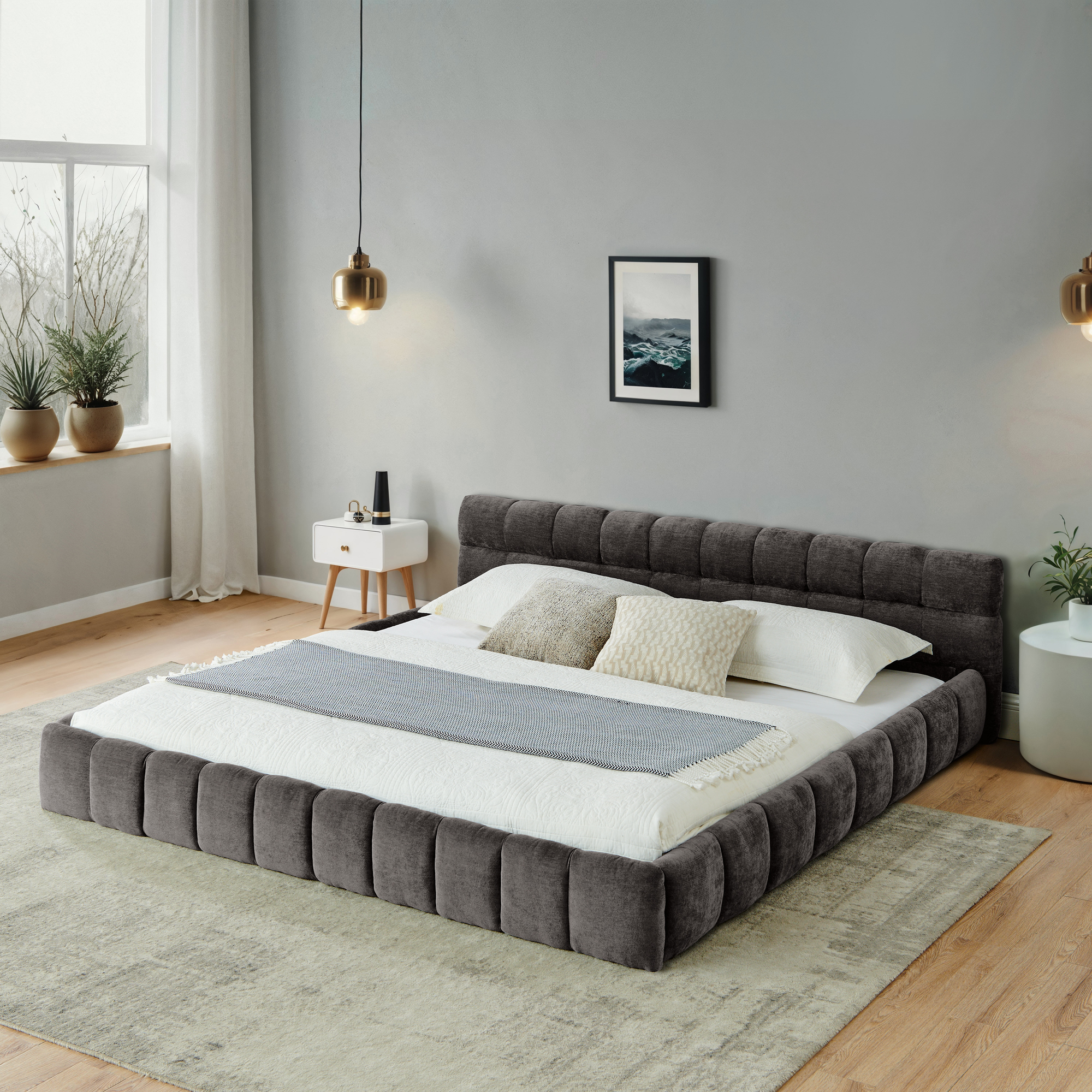 California King size Upholstered Bed Frame with Thick Fabric, Chenille Fabric Grounded California King Platform Bed with Headboard and Solid Frame. No Box Spring Needed-Dark Gray(90.5''*80.5''*31'') - Image 2