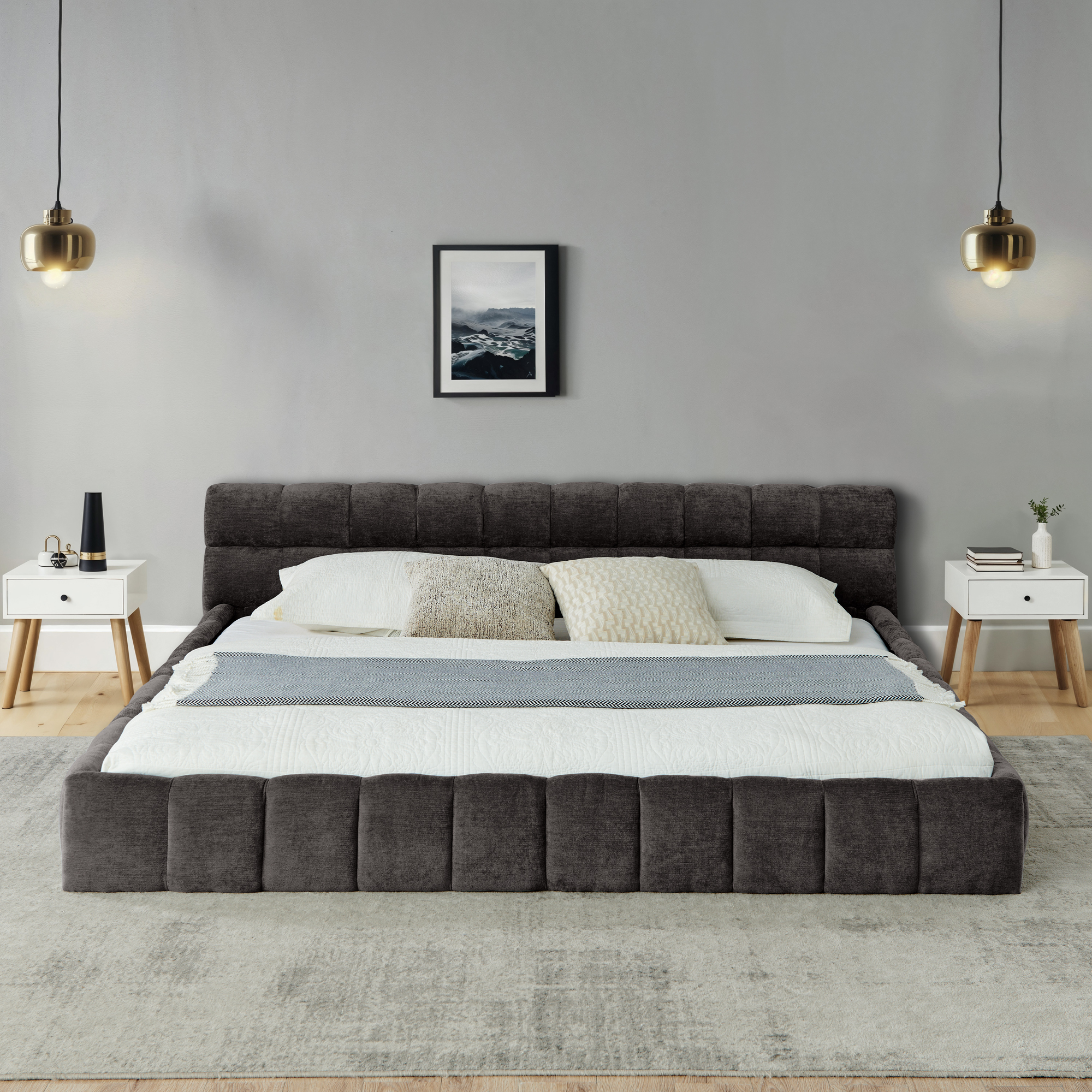 California King size Upholstered Bed Frame with Thick Fabric, Chenille Fabric Grounded California King Platform Bed with Headboard and Solid Frame. No Box Spring Needed-Dark Gray(90.5''*80.5''*31'') - Image 3