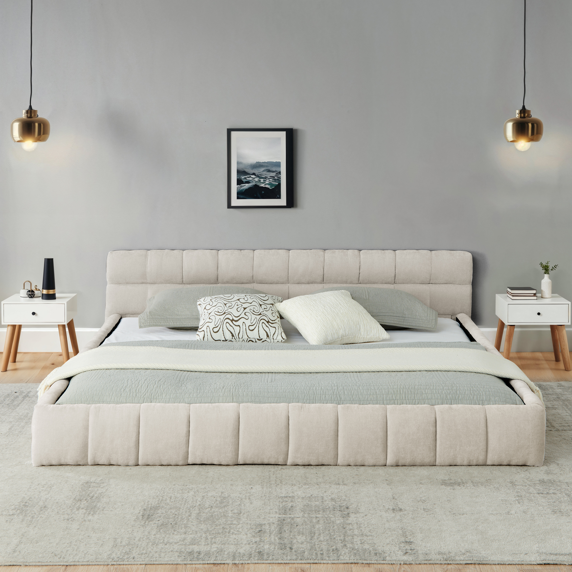 California King size Upholstered Bed Frame with Thick Fabric, Chenille Fabric Grounded California King Platform Bed with Headboard and Solid Frame. No Box Spring Needed-Beige(90.5''*80.5''*31'') - Image 2