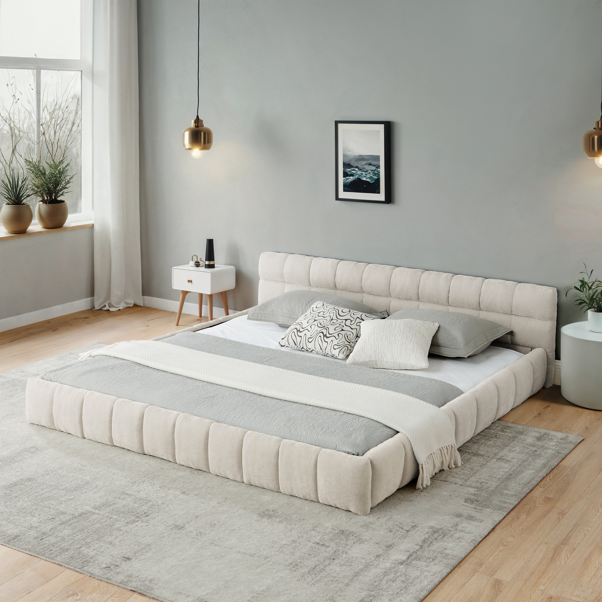 California King size Upholstered Bed Frame with Thick Fabric, Chenille Fabric Grounded California King Platform Bed with Headboard and Solid Frame. No Box Spring Needed-Beige(90.5''*80.5''*31'') - Image 3