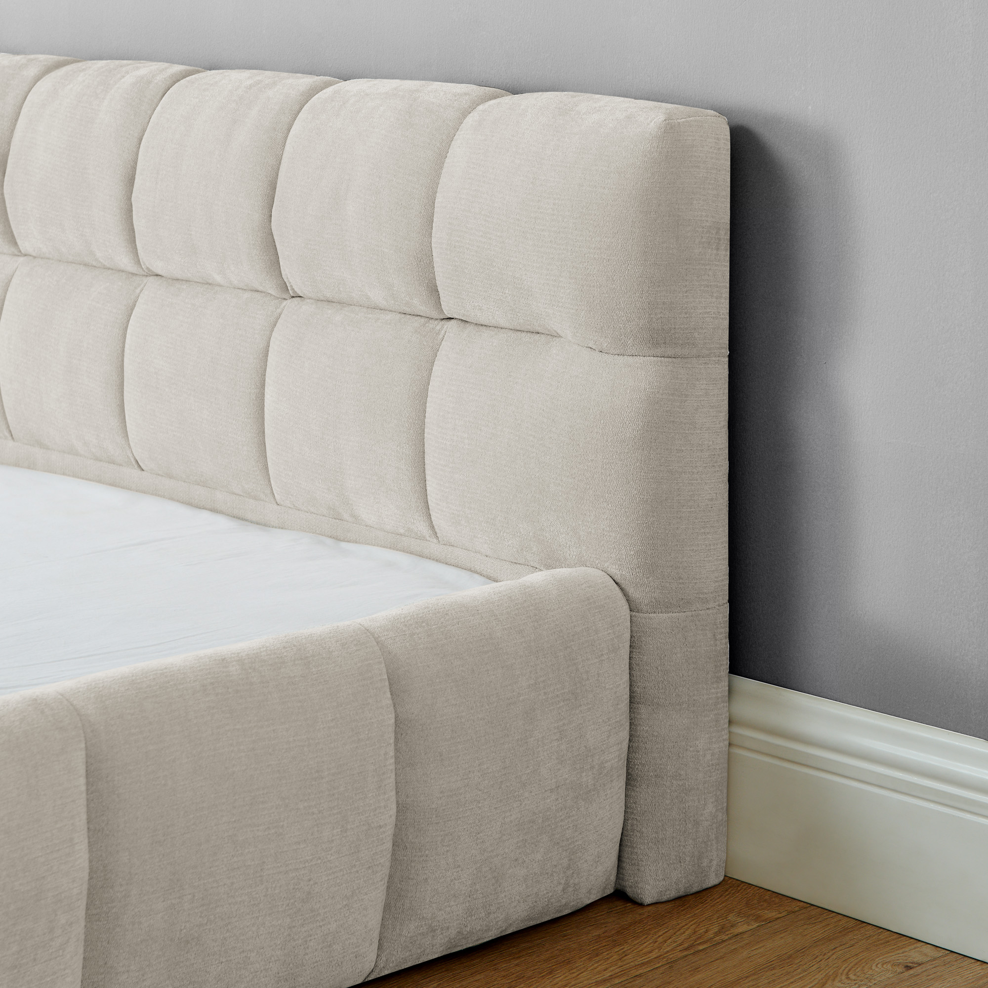 California King size Upholstered Bed Frame with Thick Fabric, Chenille Fabric Grounded California King Platform Bed with Headboard and Solid Frame. No Box Spring Needed-Beige(90.5''*80.5''*31'') - Image 4