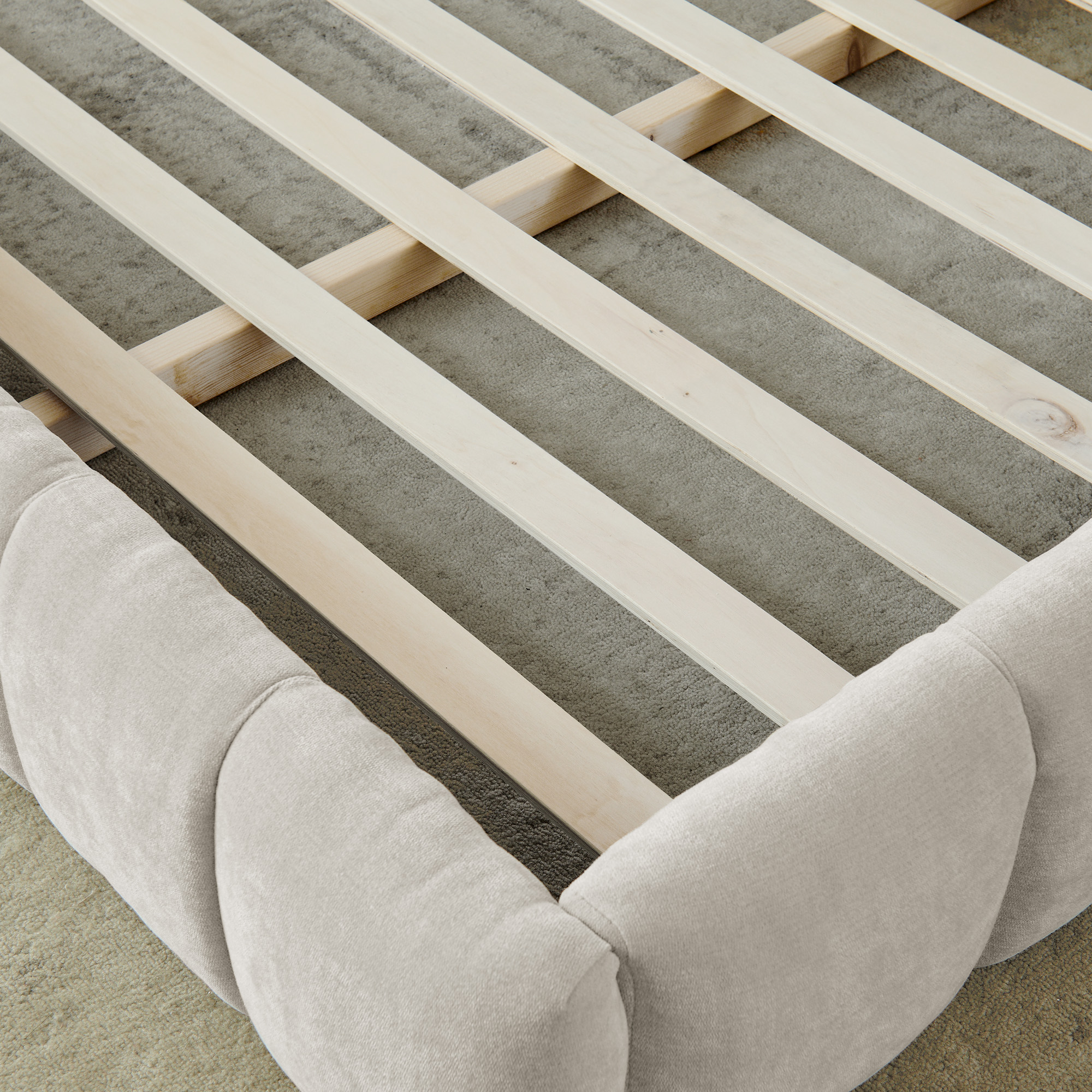 California King size Upholstered Bed Frame with Thick Fabric, Chenille Fabric Grounded California King Platform Bed with Headboard and Solid Frame. No Box Spring Needed-Beige(90.5''*80.5''*31'') - Image 6